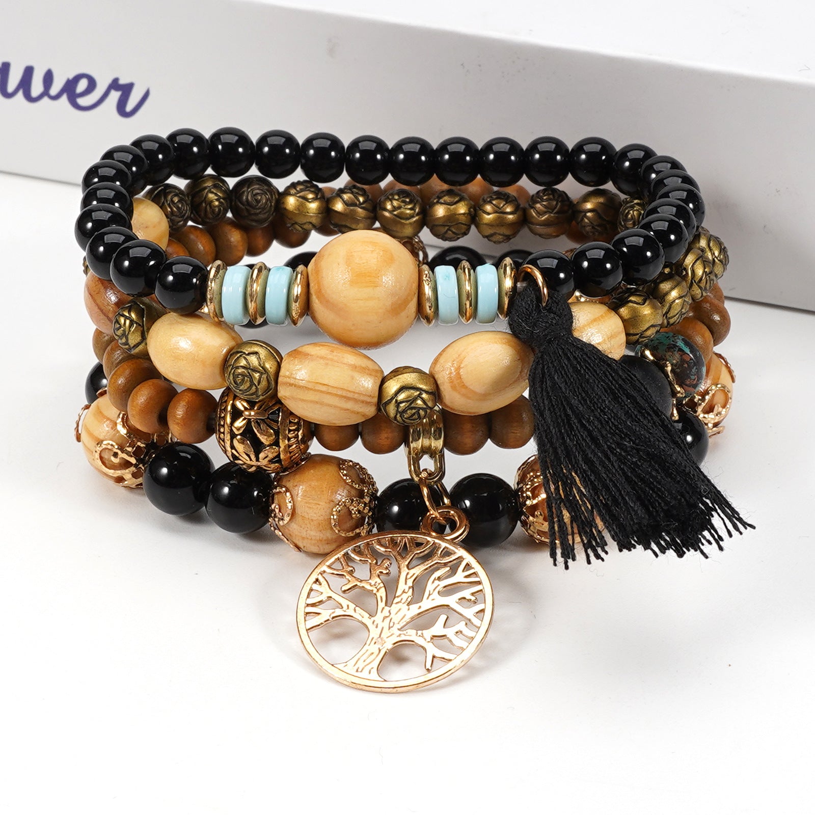 Floral Wood Beaded Bracelet