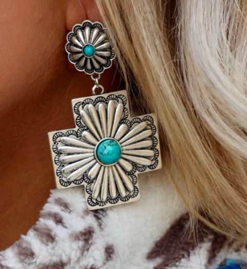 Western Turquoise Vintage Statement Cross Earrings - product image 1