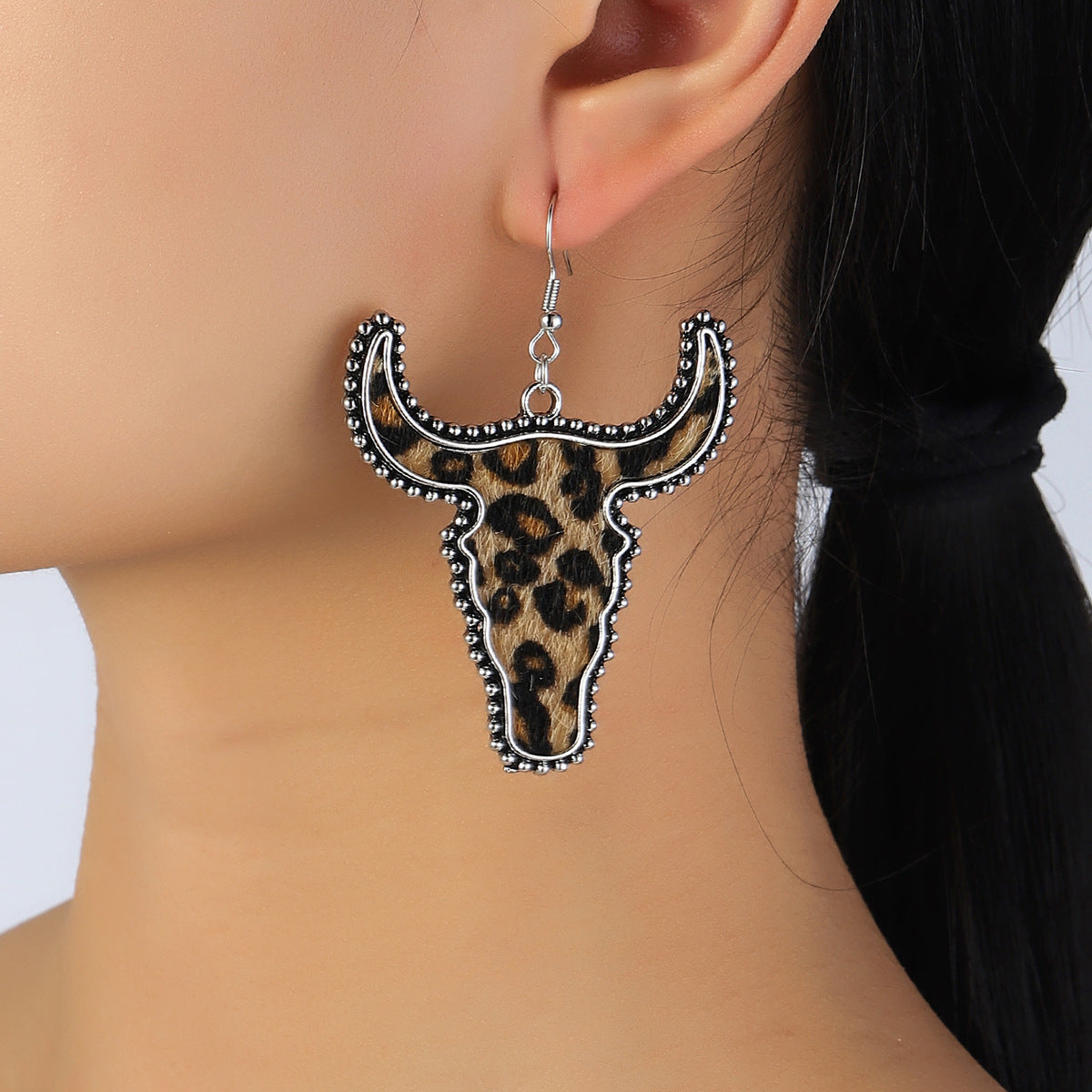 Western Vintage Cow Skull Cross Leather Earrings