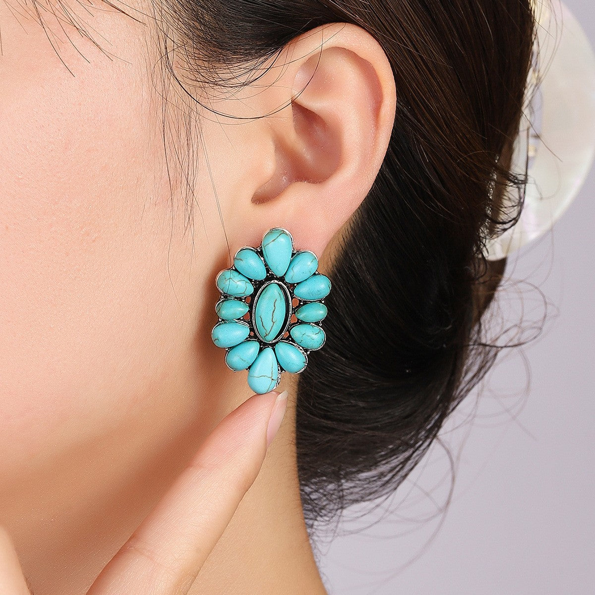 Turquoise Statement Geometric Floral Earrings - product image 4