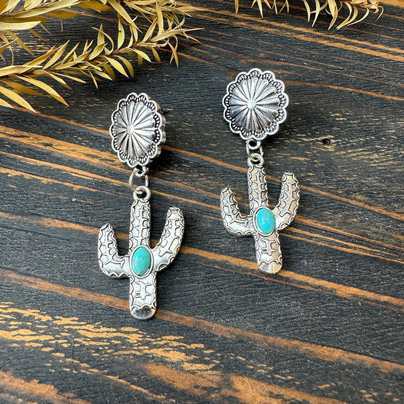 Western Turquoise Floral Cow Skull Cross Earrings