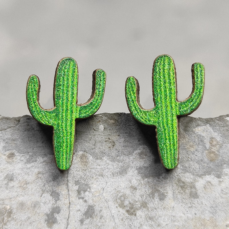Cow Skull Horse Cactus Cross Wood Earrings