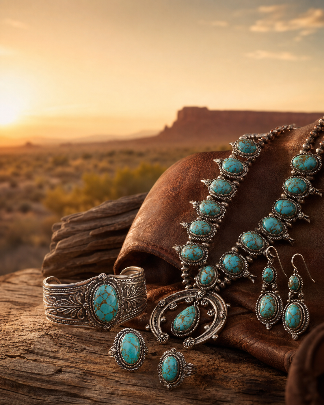 Turquoise Western jewelry in an American Southwest sunset setting
