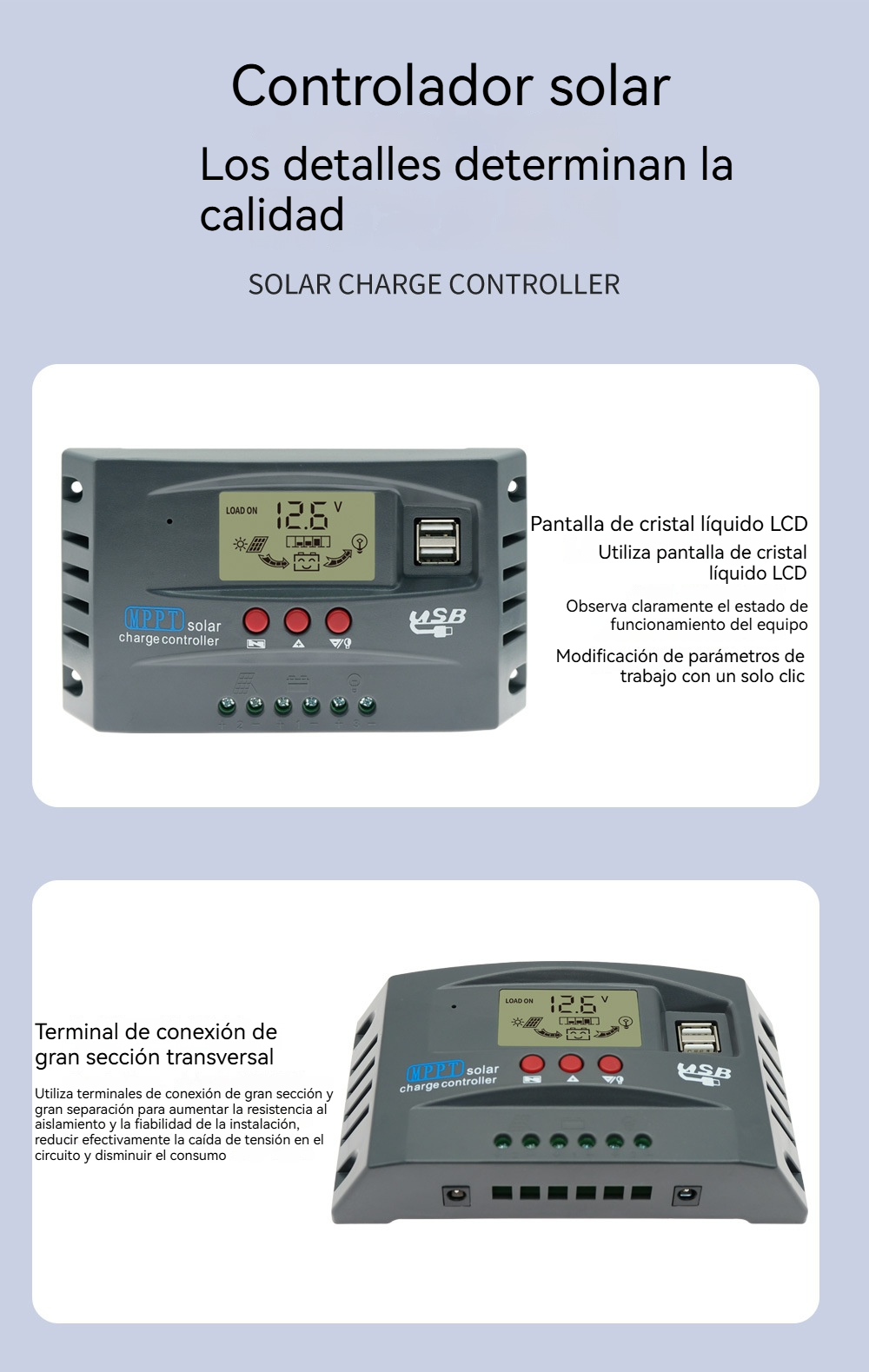 Controlador de Carga Solar MPPT 100A 12V 24V Pantalla LCD 30-100A Regulador Inteligente para Baterías Máx. 46V Entrada Doble USB Para Plomo-Ácido/Litio, Cargador Automático Solares y Paneles