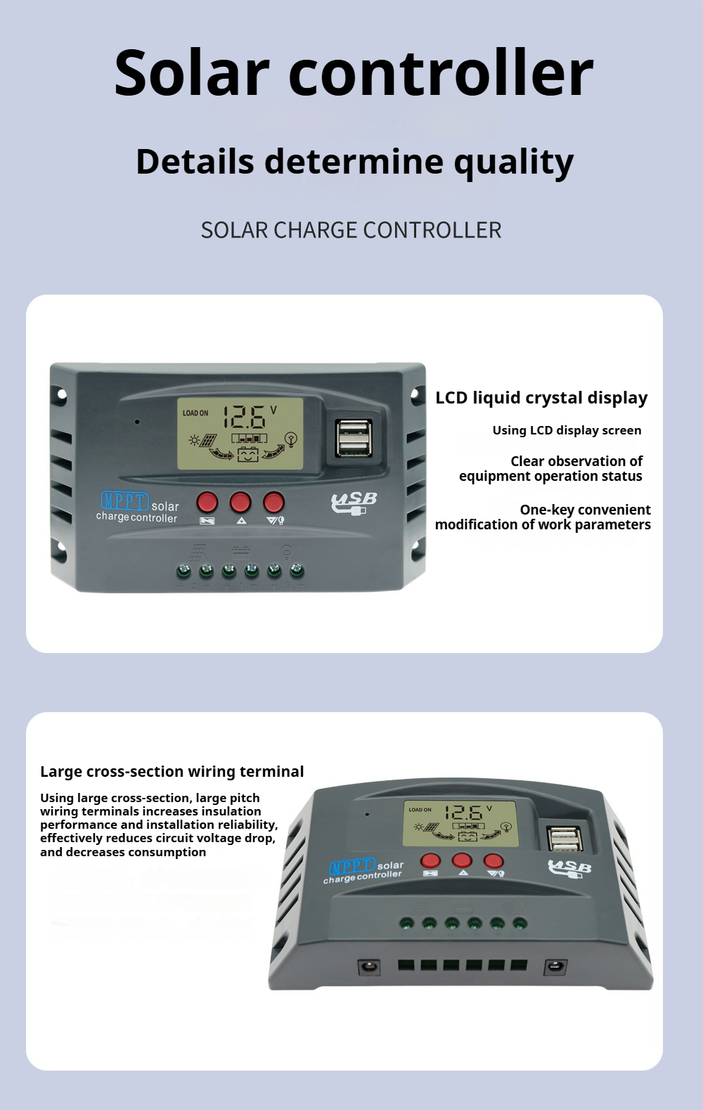 100A MPPT Solar Charge Controller 12V 24V LCD Display 30-100A Battery Intelligent Regulator Max 46V Input Dual USB For Lead-Acid/Lithium, Auto Solar Charger for Solar Panels and Batteries