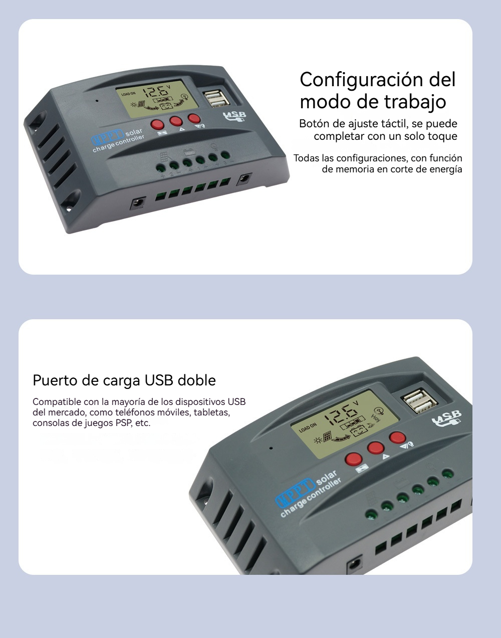 Controlador de Carga Solar MPPT 100A 12V 24V Pantalla LCD 30-100A Regulador Inteligente para Baterías Máx. 46V Entrada Doble USB Para Plomo-Ácido/Litio, Cargador Automático Solares y Paneles