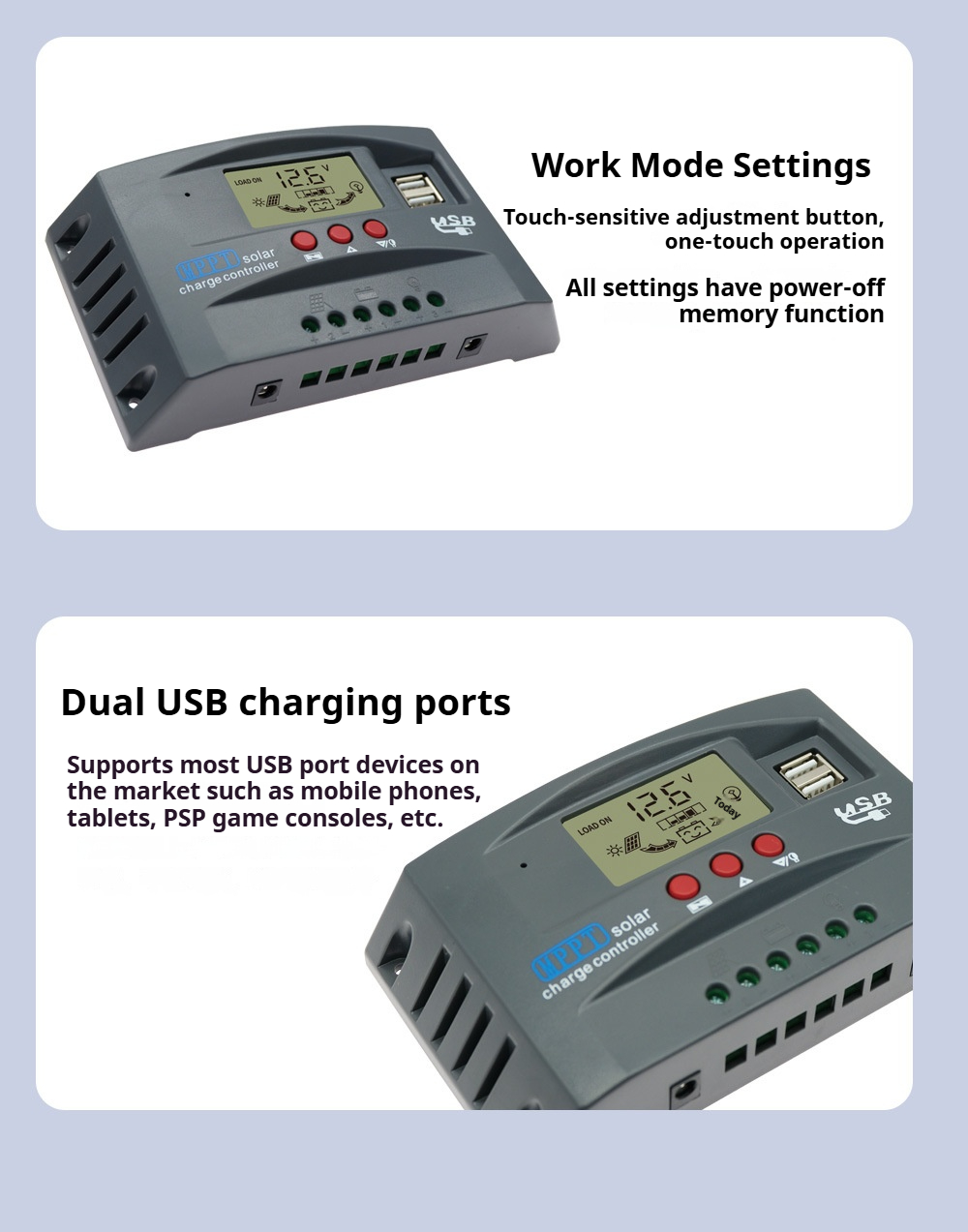 100A MPPT Solar Charge Controller 12V 24V LCD Display 30-100A Battery Intelligent Regulator Max 46V Input Dual USB For Lead-Acid/Lithium, Auto Solar Charger for Solar Panels and Batteries