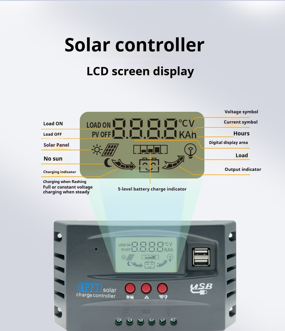 100A MPPT Solar Charge Controller 12V 24V LCD Display 30-100A Battery Intelligent Regulator Max 46V Input Dual USB For Lead-Acid/Lithium, Auto Solar Charger for Solar Panels and Batteries