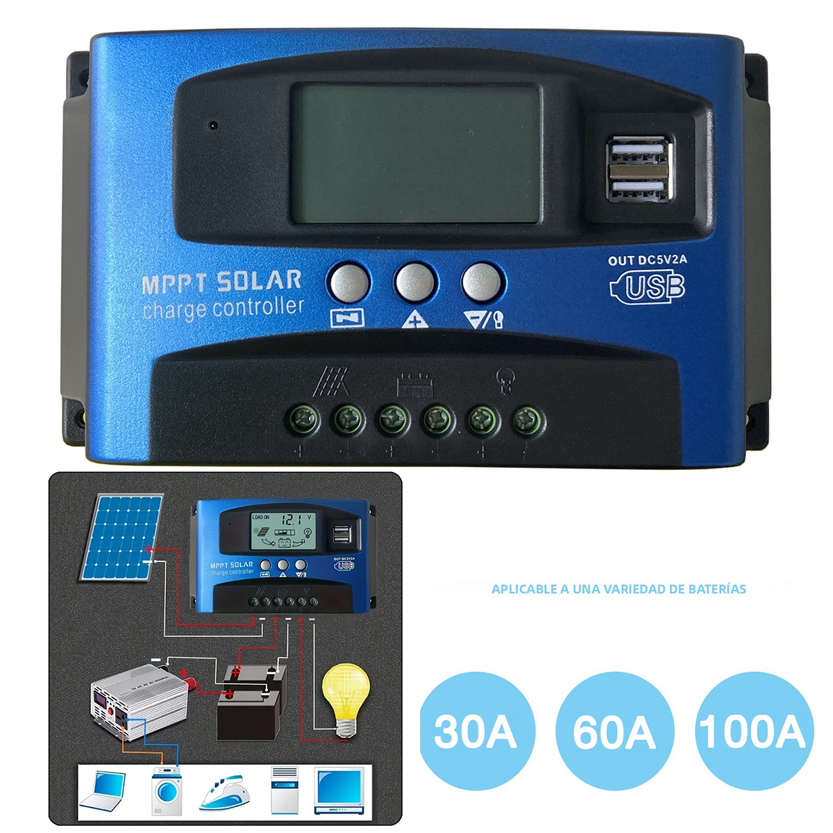 Controlador de Carga Solar MPPT 100A 60A 30A, 12V/24V Regulador Inteligente de Panel Solar con Pantalla LCD Ajustable Puerto USB Dual Configuración de Temporizador Parámetro Automático, Maximiza la Energía y Mejora la Eficiencia, Sin Batería