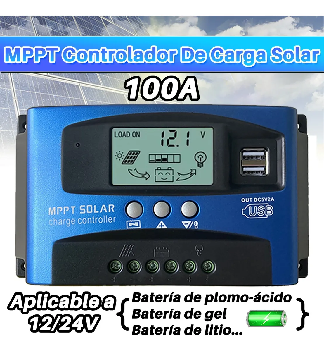 Controlador de Carga Solar MPPT 100A 60A 30A, 12V/24V Regulador Inteligente de Panel Solar con Pantalla LCD Ajustable Puerto USB Dual Configuración de Temporizador Parámetro Automático, Maximiza la Energía y Mejora la Eficiencia, Sin Batería