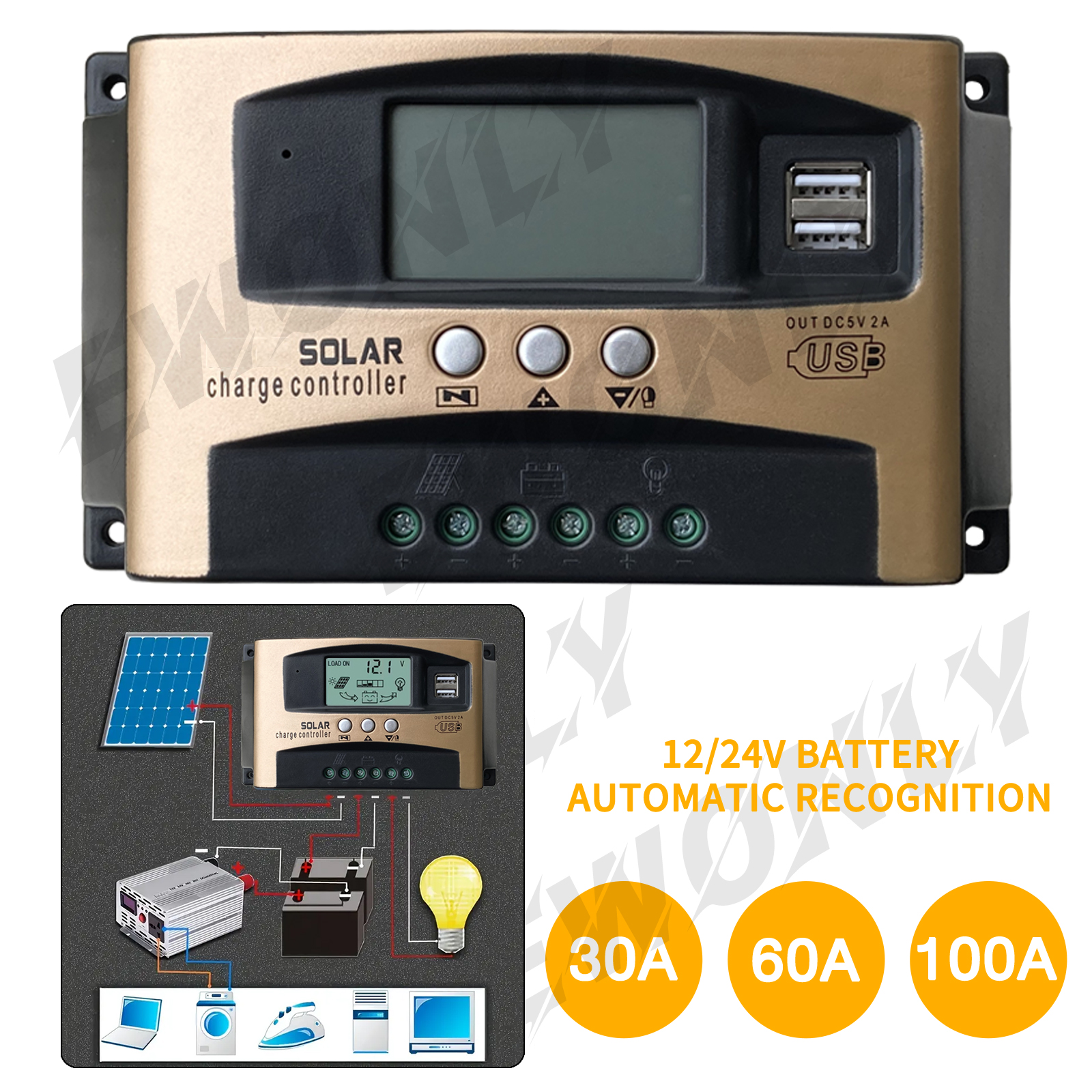 MPPT Solar Charge Controller 100A, Upgraded Solar Panel 12V 24V Dual USB Intelligent Regulator 30-100A Adjustable Parameter LCD Display and Timer Setting, Multi-Function Protection