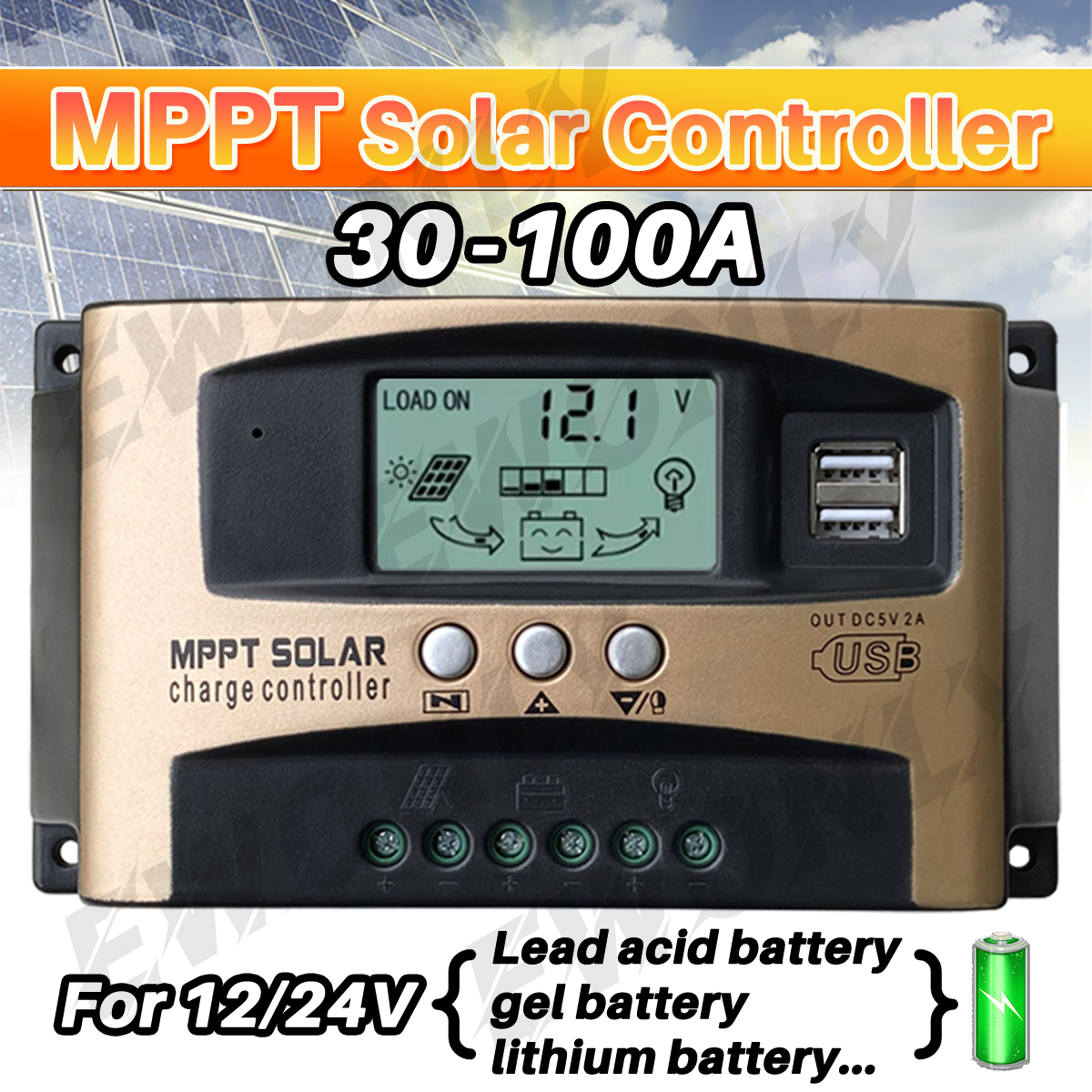 MPPT Solar Charge Controller 100A, Upgraded Solar Panel 12V 24V Dual USB Intelligent Regulator 30-100A Adjustable Parameter LCD Display and Timer Setting, Multi-Function Protection
