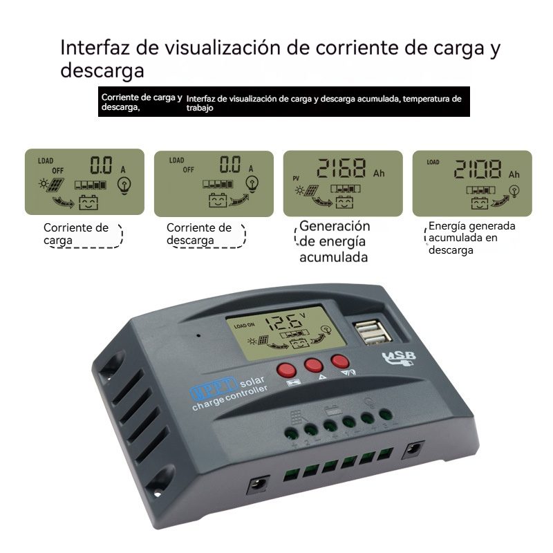 Controlador de Carga Solar MPPT 100A 12V 24V Pantalla LCD 30-100A Regulador Inteligente para Baterías Máx. 46V Entrada Doble USB Para Plomo-Ácido/Litio, Cargador Automático Solares y Paneles