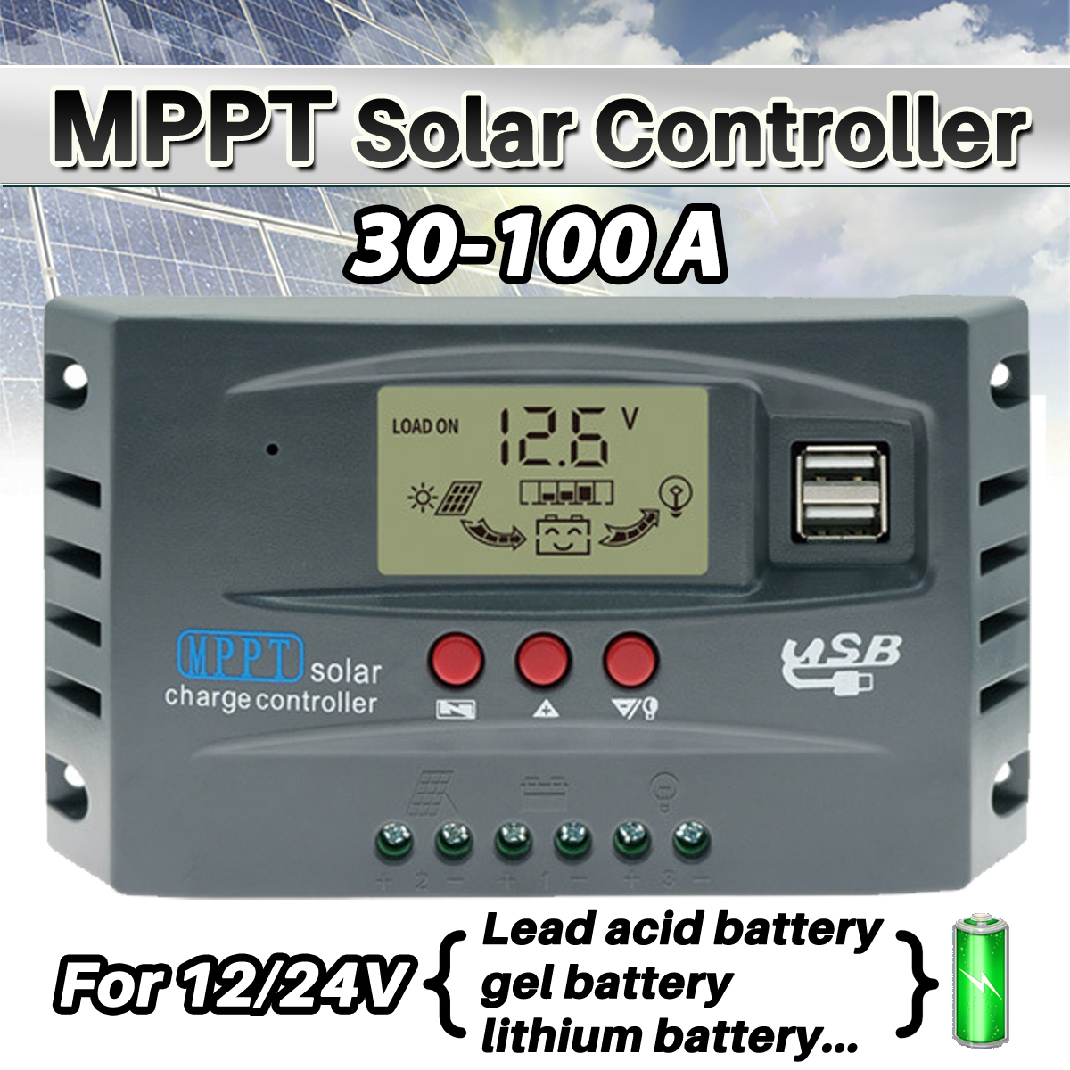 100A MPPT Solar Charge Controller 12V 24V LCD Display 30-100A Battery Intelligent Regulator Max 46V Input Dual USB For Lead-Acid/Lithium, Auto Solar Charger for Solar Panels and Batteries