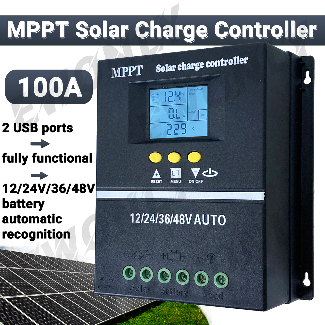 100A MPPT Solar Charge Controller 12V 24V 36V 48V LCD Display Battery Intelligent Regulator Max 100V Input Dual USB For Lead-Acid/Lithium, Auto Solar Charger for Solar Panels and Batteries