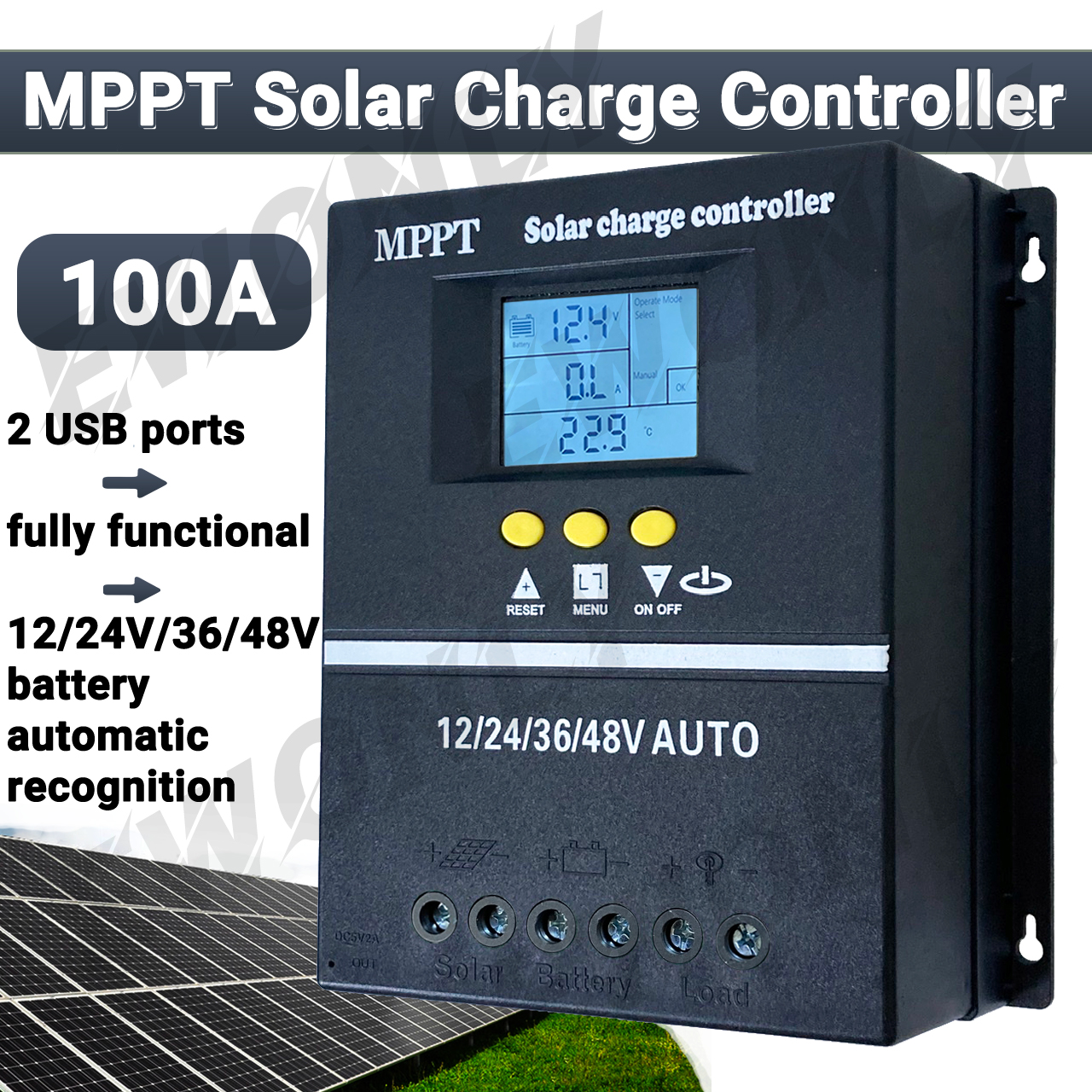 Controlador de Carga Solar MPPT 100A con Pantalla LCD y Doble USB - Regulador Solar Automático 12V/24V/36V/48V Compatible con Baterías de Plomo-Ácido/Litio, Controlador MPPT para Paneles Solares y Sistemas de Baterías