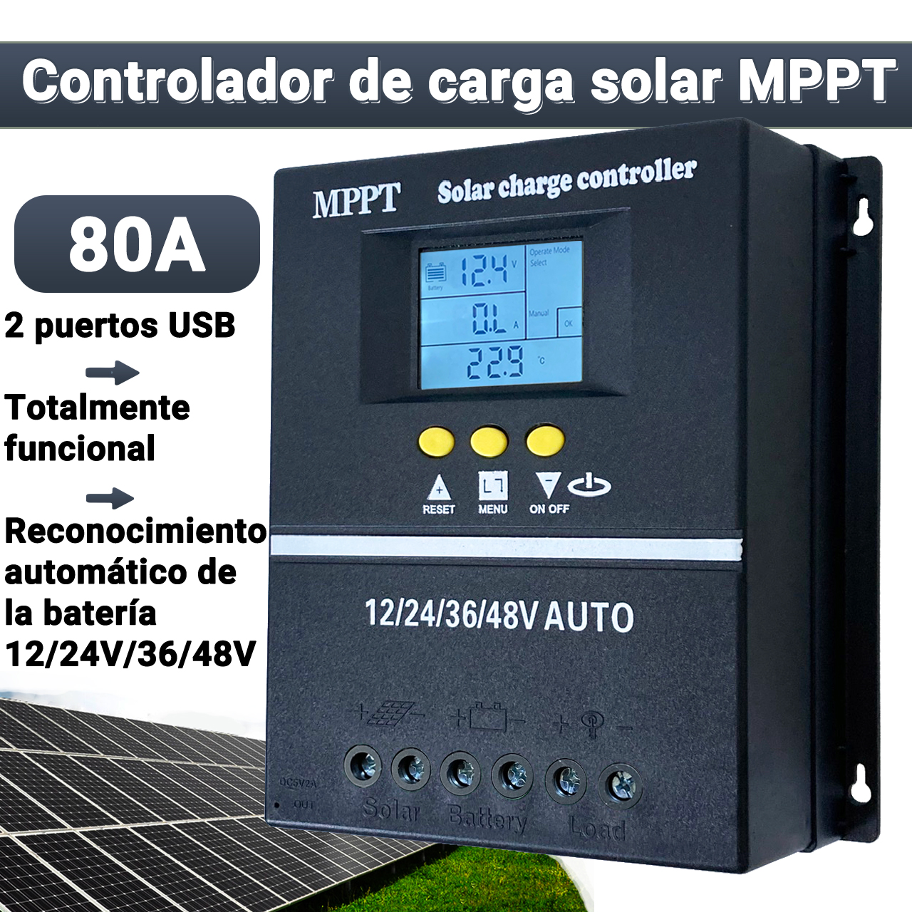 Controlador de Carga Solar MPPT 100A con Pantalla LCD y Doble USB - Regulador Solar Automático 12V/24V/36V/48V Compatible con Baterías de Plomo-Ácido/Litio, Controlador MPPT para Paneles Solares y Sistemas de Baterías
