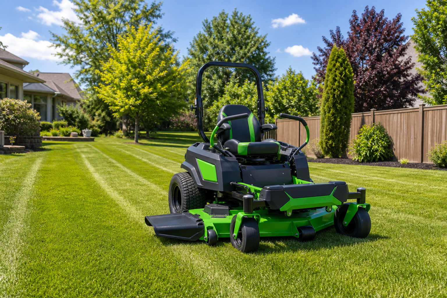 EGO POWER+ Z6 52-Inch Battery Zero-Turn Mower mowing suburban lawn action view