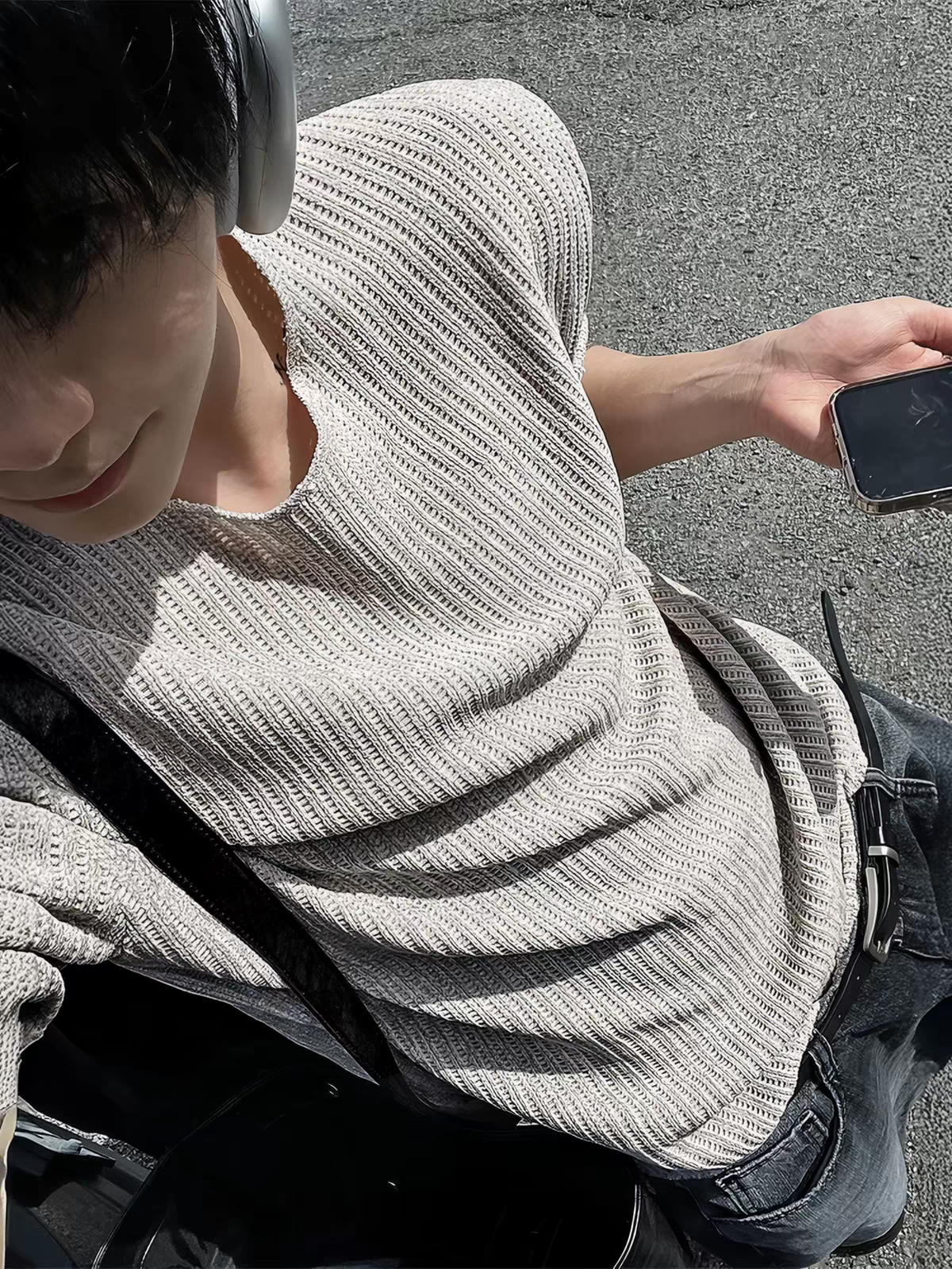 Men's Apricot Mesh Breathable Short-sleeve T-shirt in Korean Style, Ribbed Loose Casual Summer Top