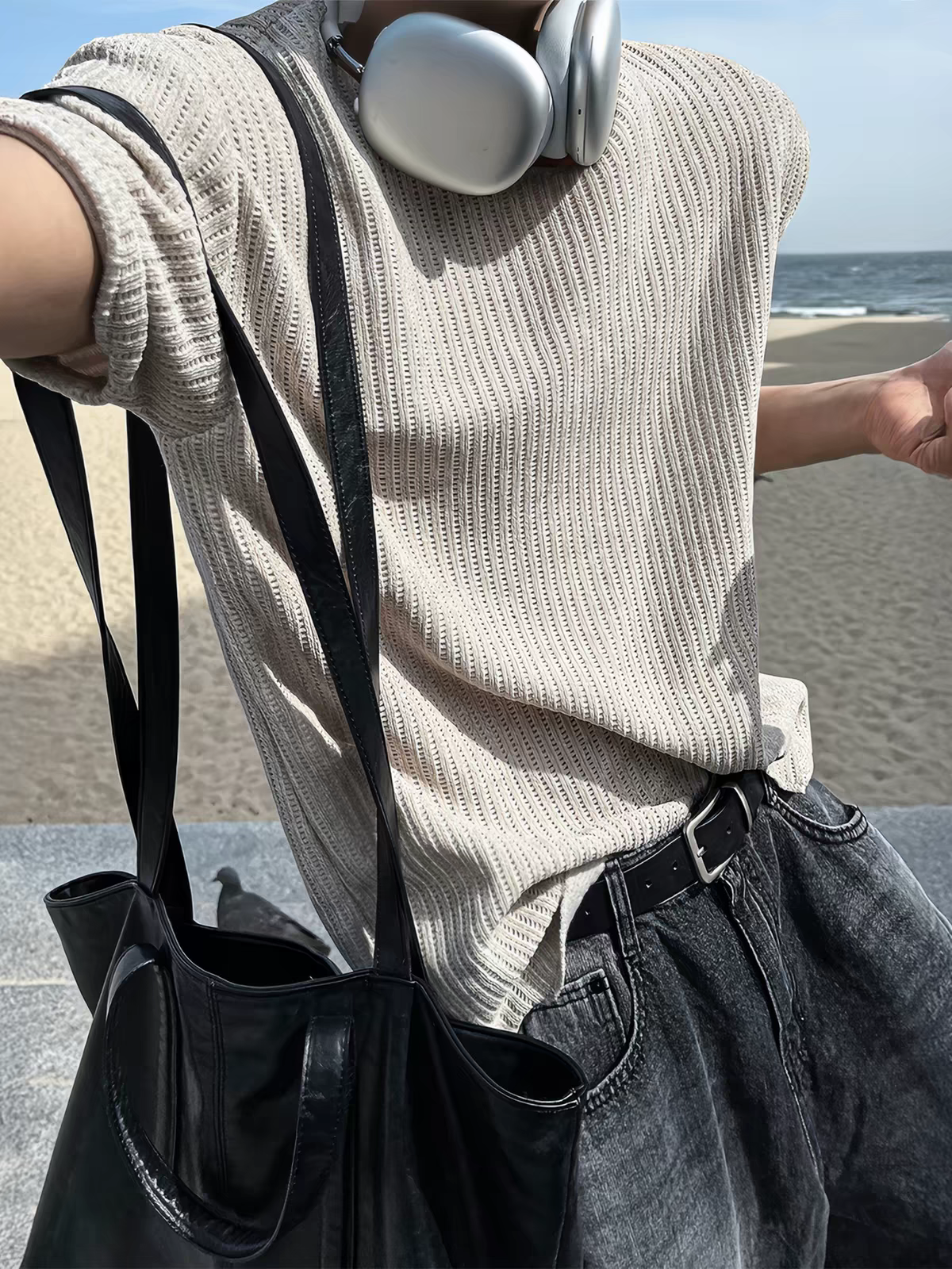 Men's Apricot Mesh Breathable Short-sleeve T-shirt in Korean Style, Ribbed Loose Casual Summer Top