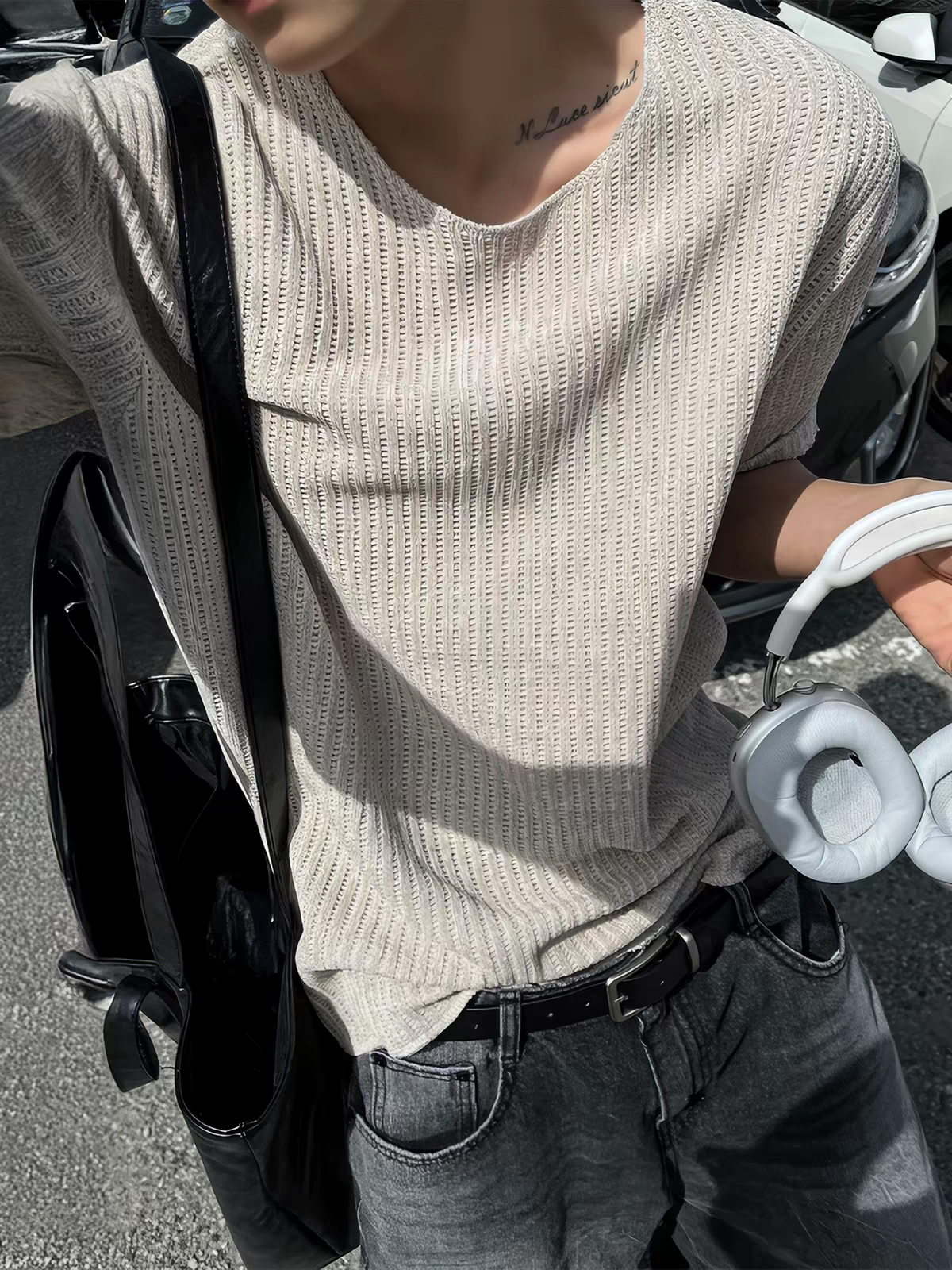 Men's Apricot Mesh Breathable Short-sleeve T-shirt in Korean Style, Ribbed Loose Casual Summer Top