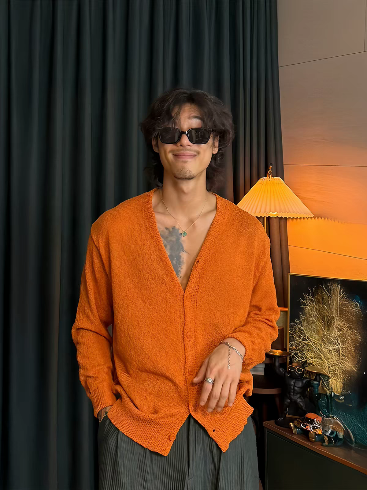 Men's Orange V-neck Knit Cardigan, Early Spring Korean Casual Lazy Style, Soft Loose Versatile Long-sleeve Sweater Coat