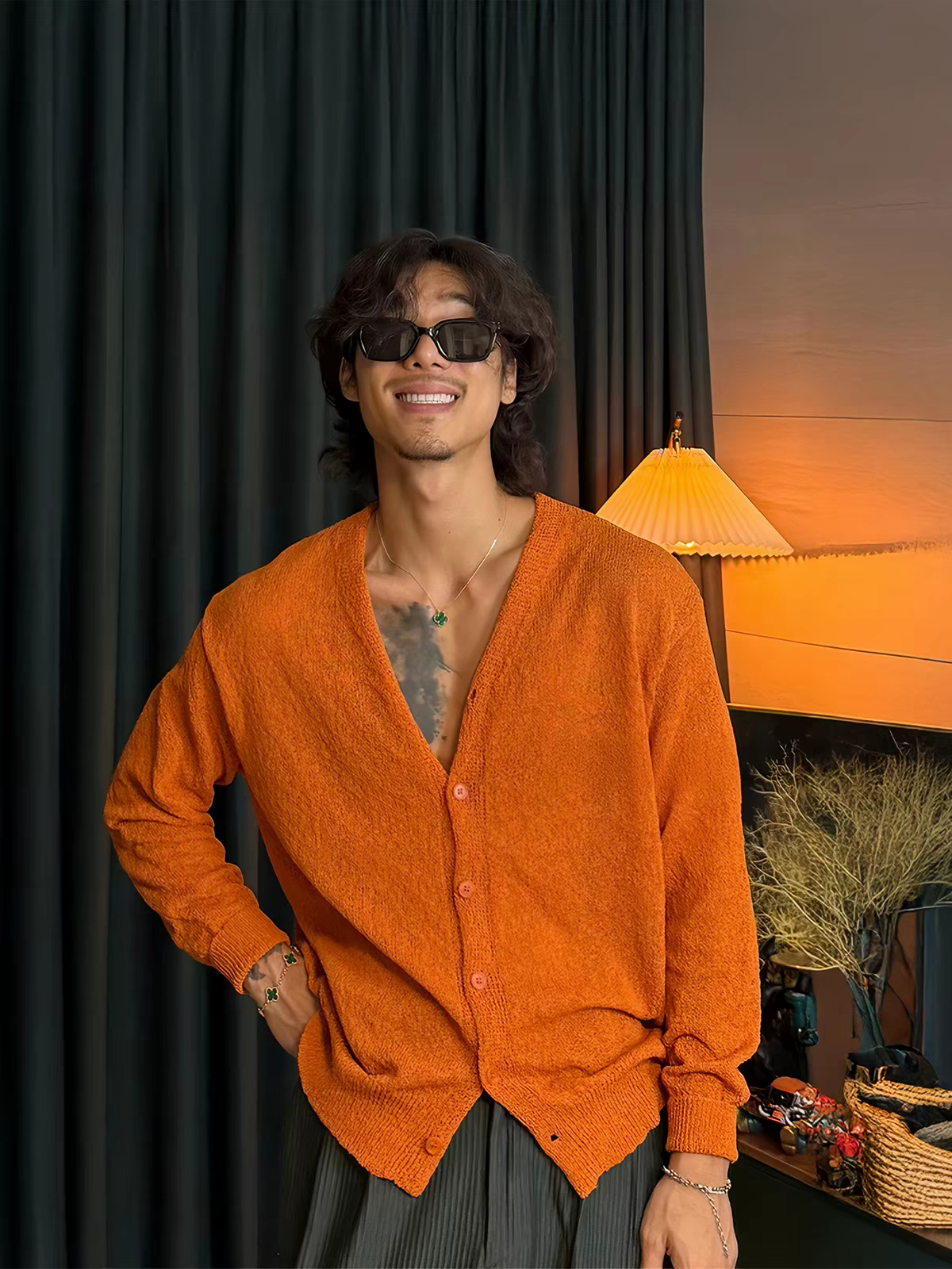 Men's Orange V-neck Knit Cardigan, Early Spring Korean Casual Lazy Style, Soft Loose Versatile Long-sleeve Sweater Coat