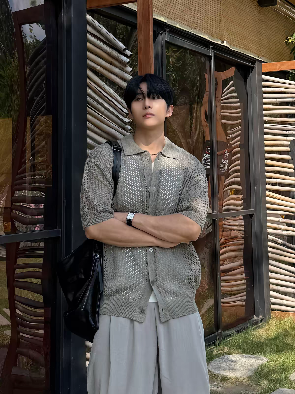 Men's Khaki-Grey Hollow See-through Knit Short-sleeve Shirt, Old Money Style Drop Shoulder Outer Shirt