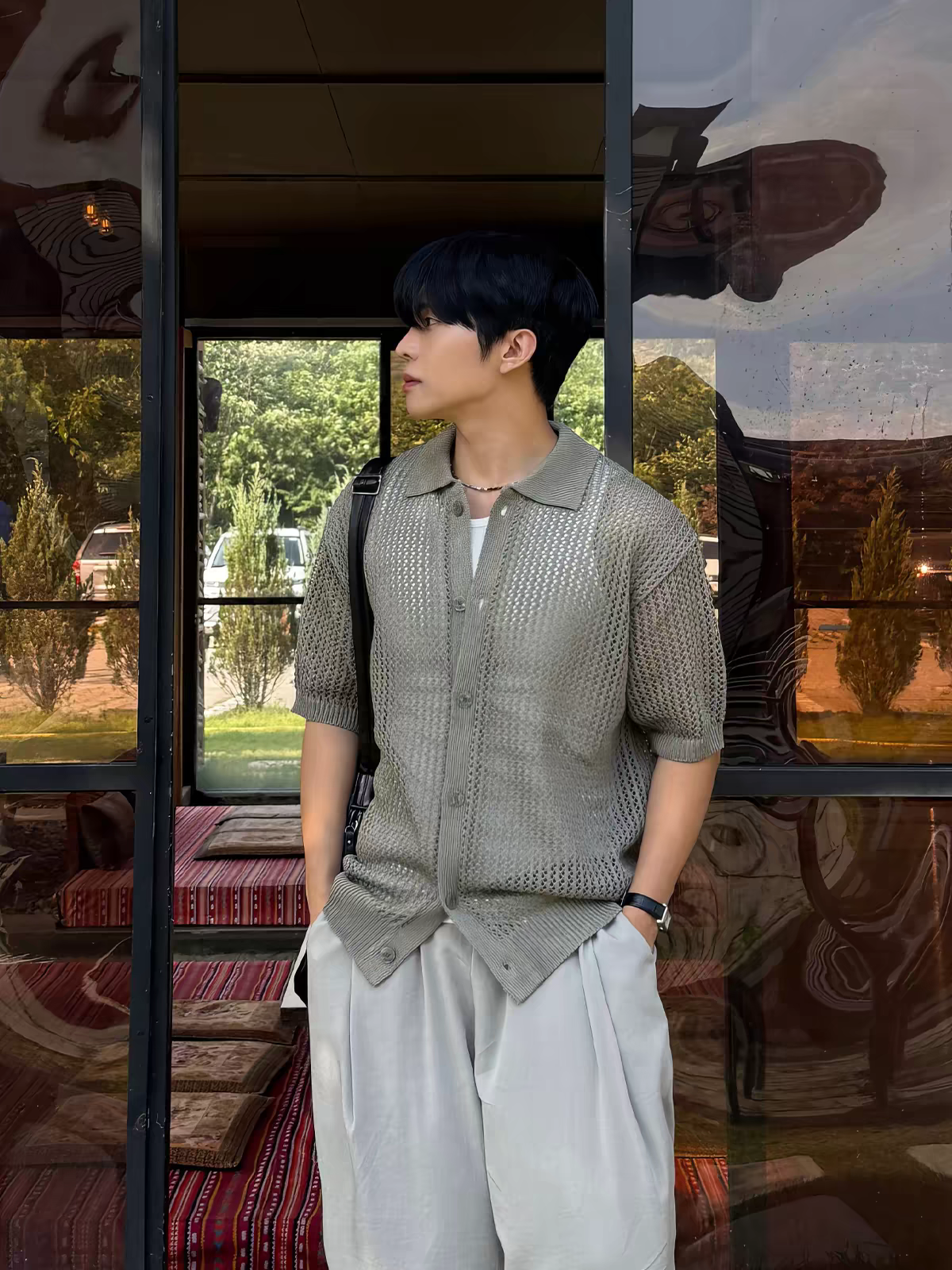 Men's Khaki-Grey Hollow See-through Knit Short-sleeve Shirt, Old Money Style Drop Shoulder Outer Shirt