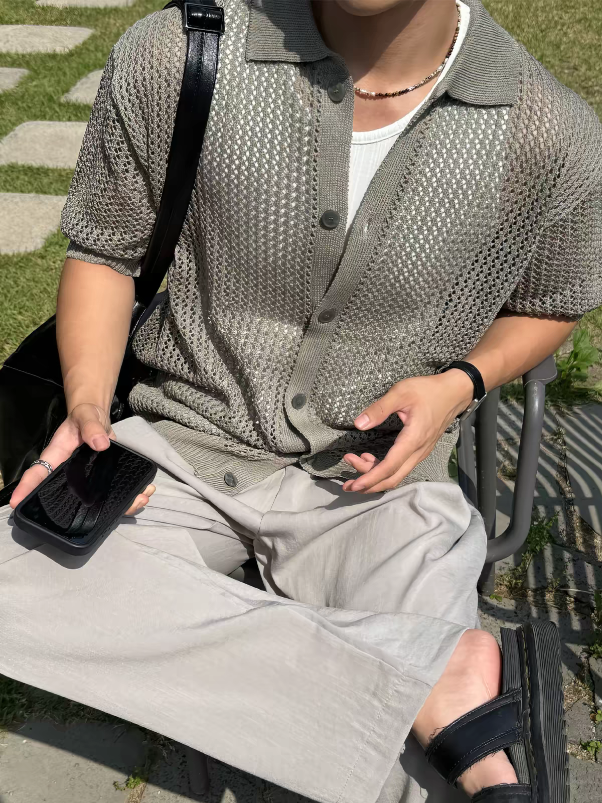 Men's Khaki-Grey Hollow See-through Knit Short-sleeve Shirt, Old Money Style Drop Shoulder Outer Shirt