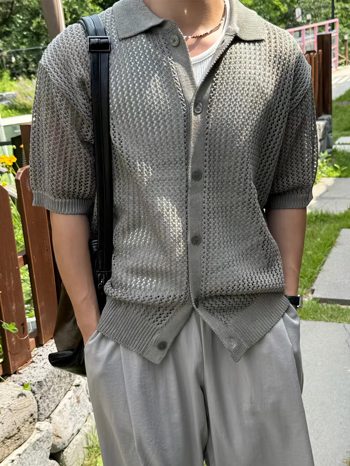 Men's Khaki-Grey Hollow See-through Knit Short-sleeve Shirt, Old Money Style Drop Shoulder Outer Shirt