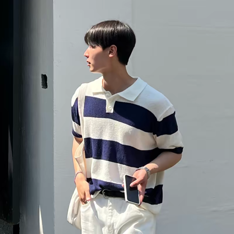 Men's Striped Polo Shirt, Summer Casual Trendy Brand Thin High-end Knit Short Sleeve Simple T-shirt Top