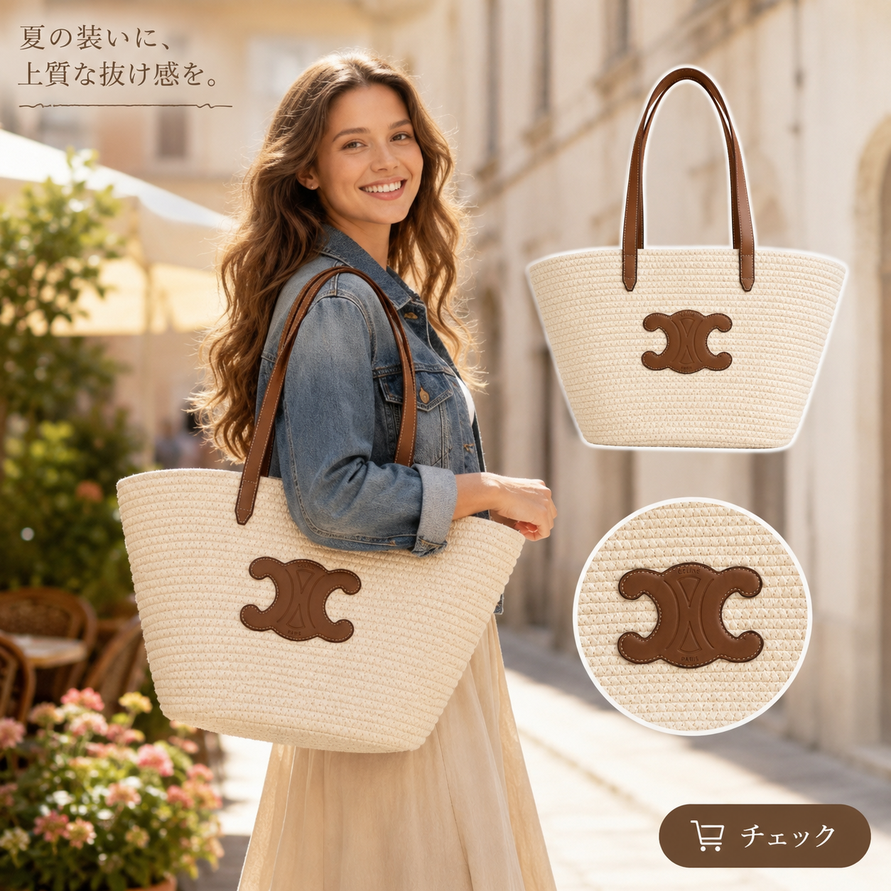 CELINE セリーヌ ラフィア×カーフスキン 編み込み トートバッグ ウィークエンダーバッグ レディース レジャー 旅行 夏