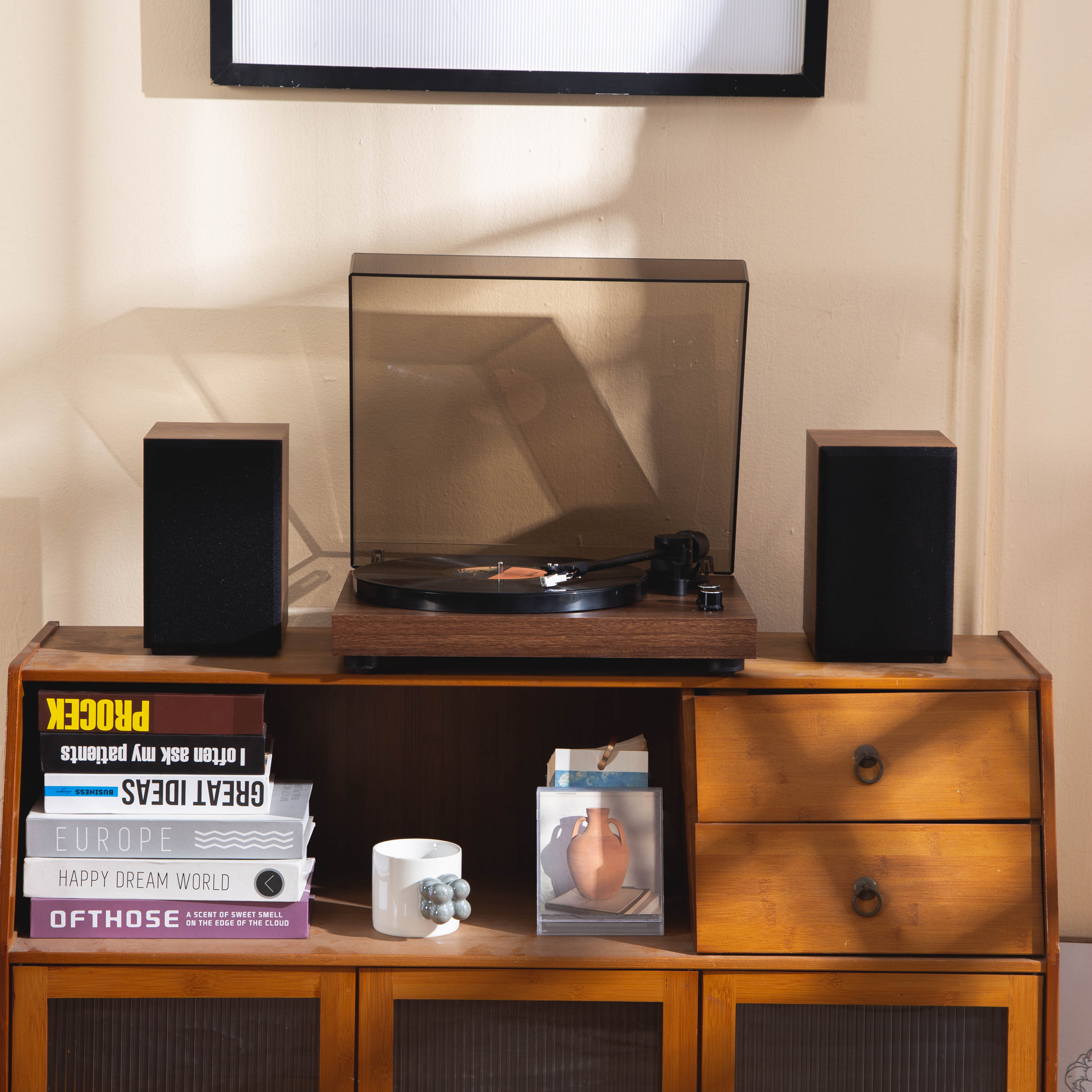 Auryvox VX100 Retro Wood Grain Turntable with Audio-Technica Stylus, All-in-One Moving Magnet Vinyl Record Player