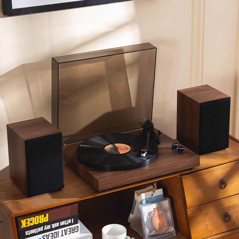 Auryvox VX100 Retro Wood Grain Turntable with Audio-Technica Stylus, All-in-One Moving Magnet Vinyl Record Player