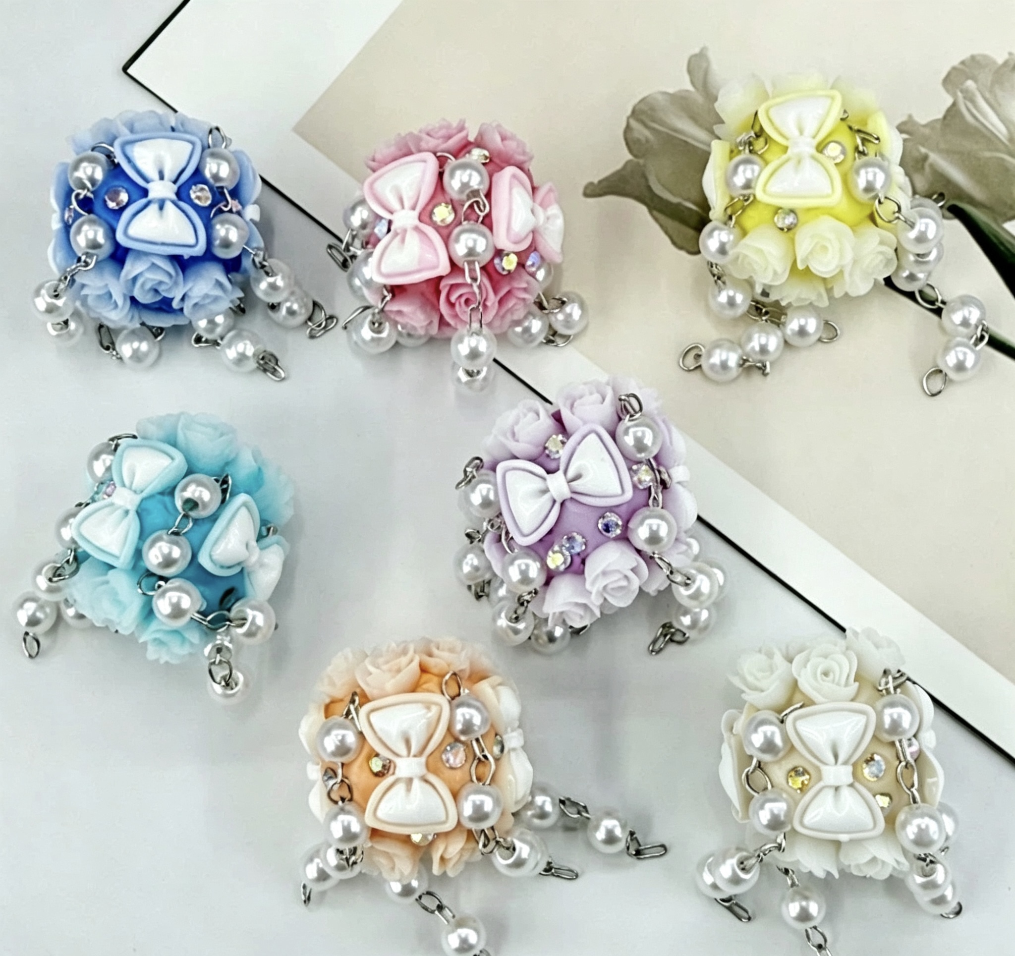 Rose Bow Pearl Tassel Spacer Beads, Floral Dangling Craft Beads for DIY Pen Making & Jewelry Accessories
