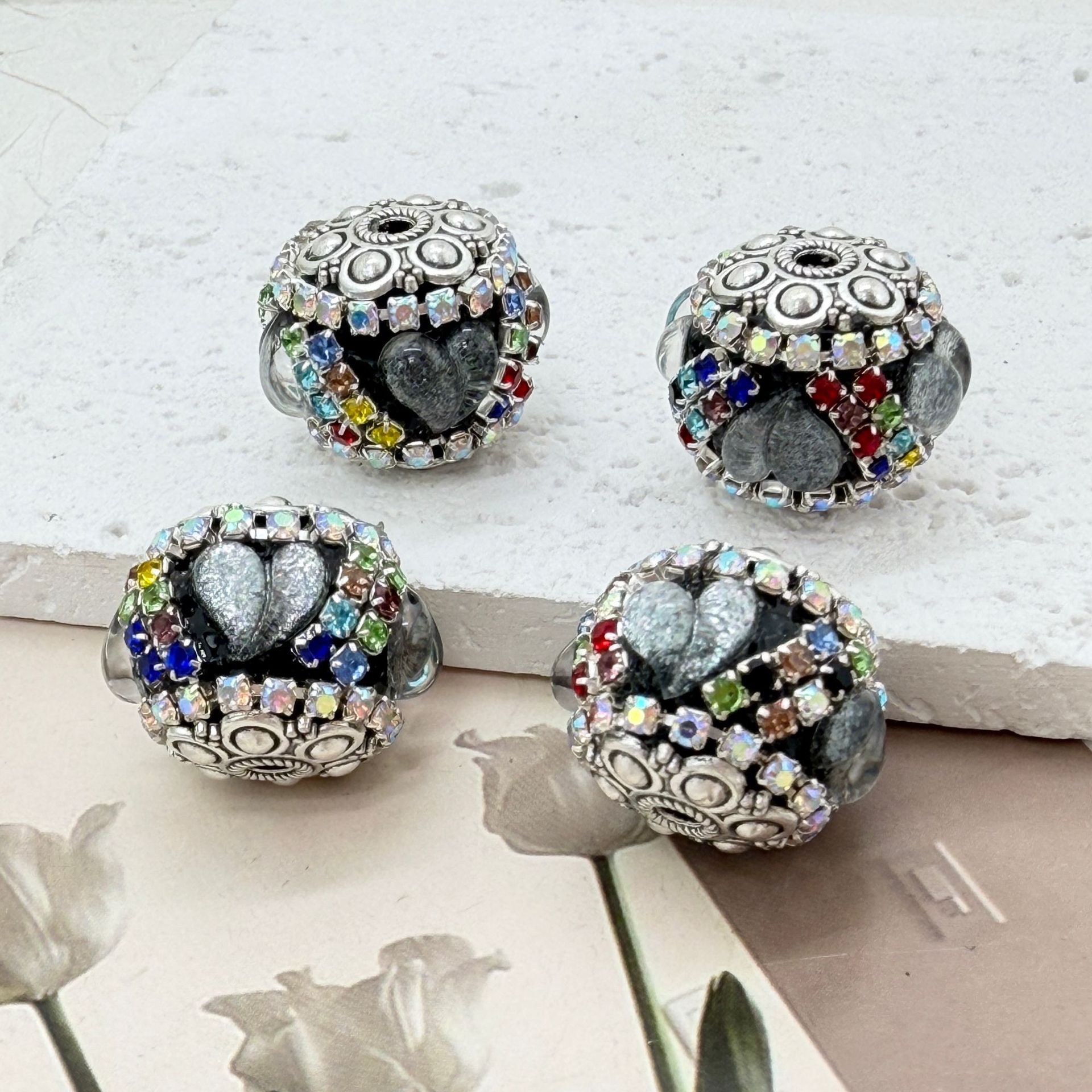 Heart Petal Rhinestone Spacer Beads, Glitter Flower Craft Beads for DIY Pen Making & Jewelry Accessories