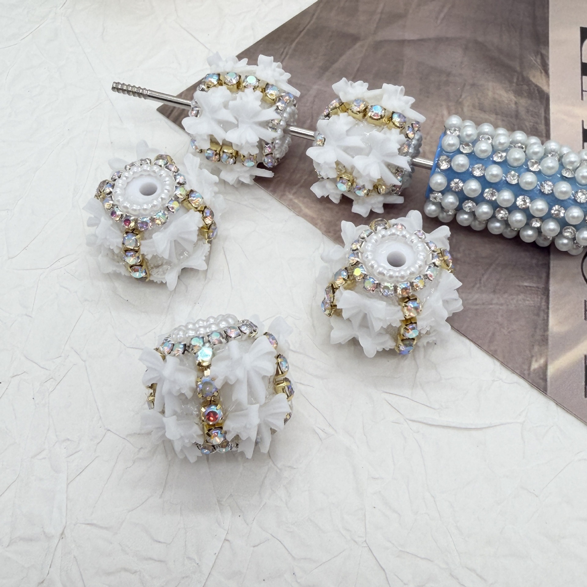3D Bow Rhinestone Barrel Spacer Beads, Pearl Trim Craft Beads for DIY Pen Making & Jewelry Accessories
