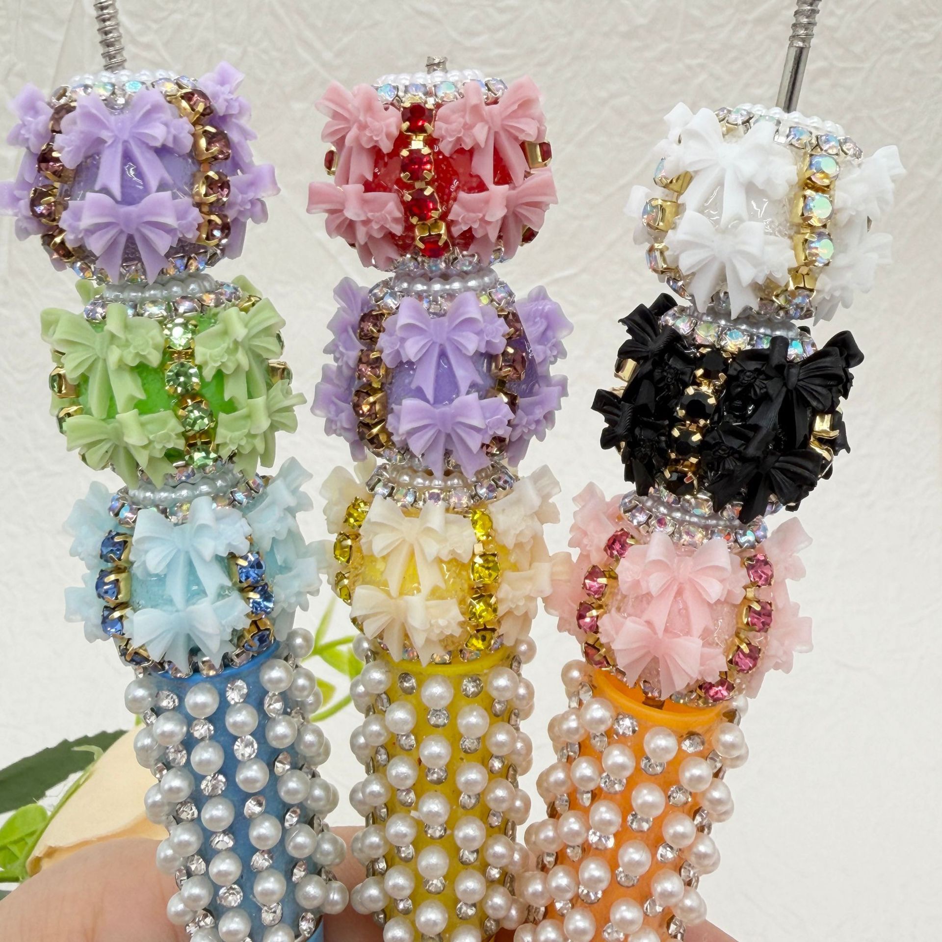 3D Bow Rhinestone Barrel Spacer Beads, Pearl Trim Craft Beads for DIY Pen Making & Jewelry Accessories
