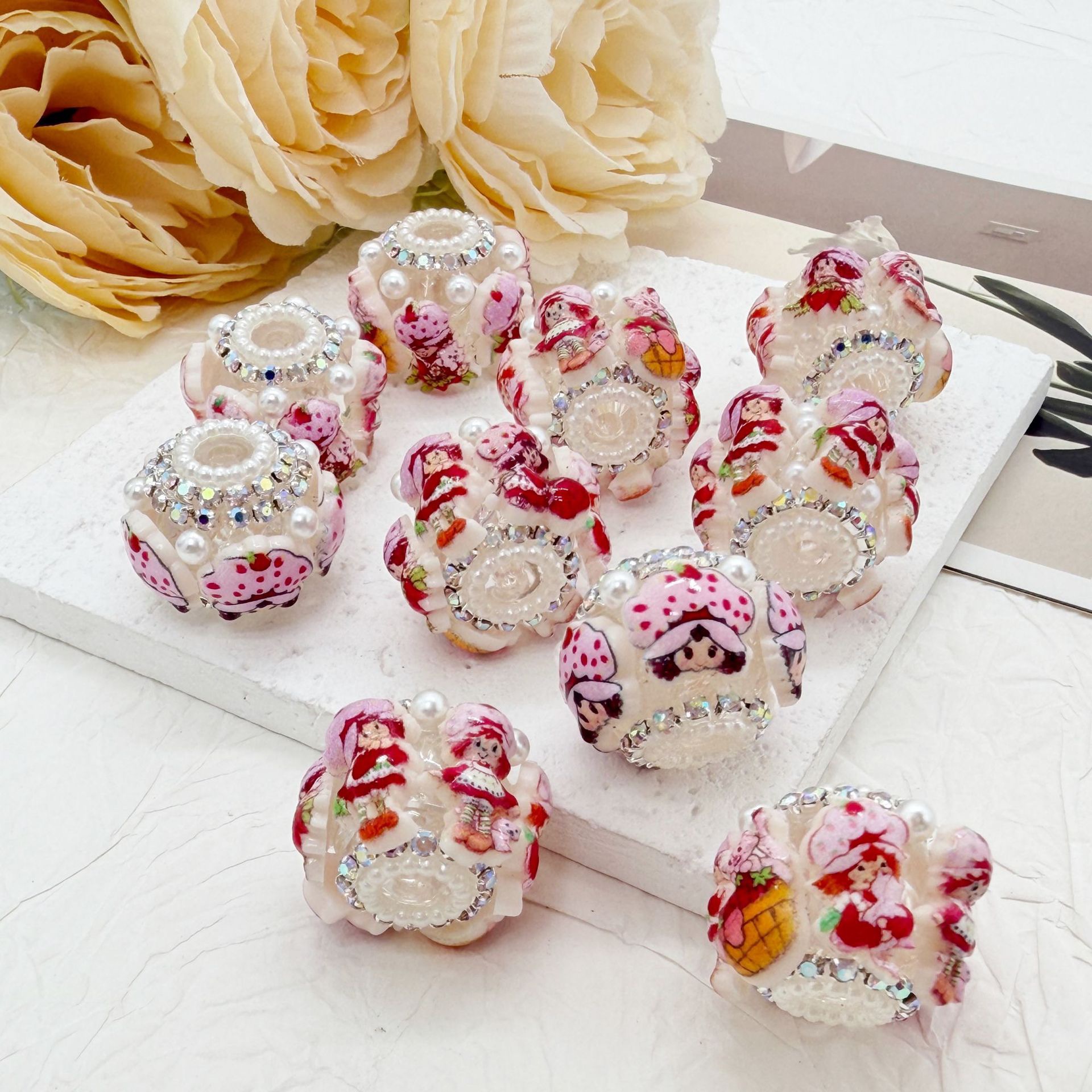 Strawberry Girl Printed Spacer Beads, Pearl Rhinestone Craft Beads for DIY Pen Making & Jewelry Accessories
