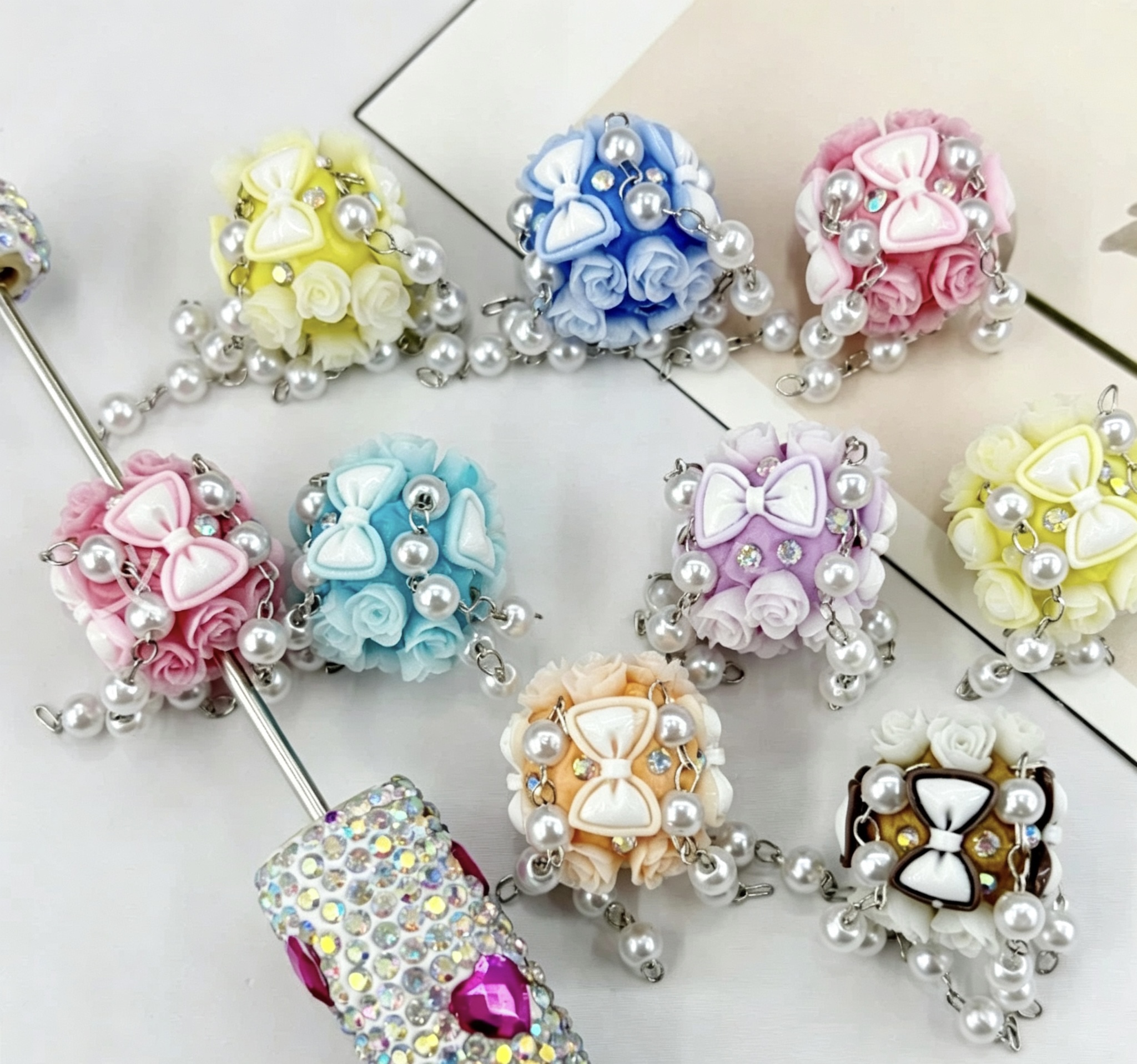 Rose Bow Pearl Tassel Spacer Beads, Floral Dangling Craft Beads for DIY Pen Making & Jewelry Accessories
