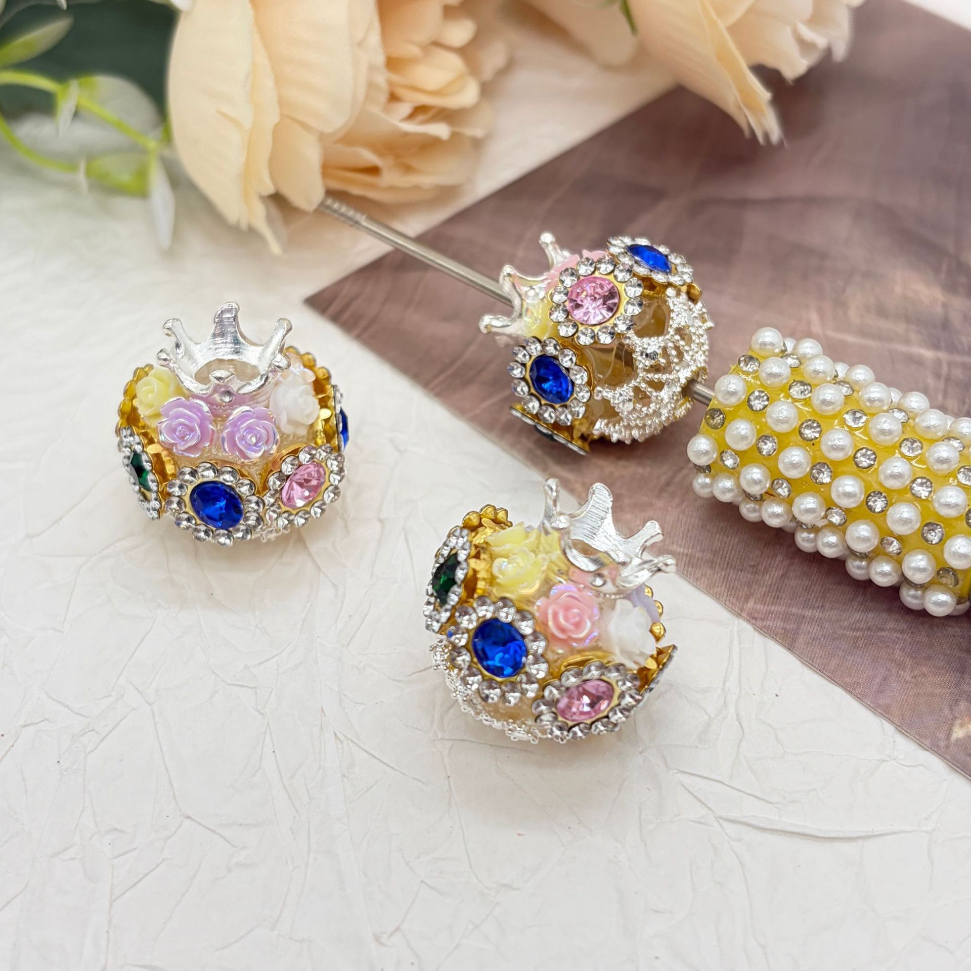 Crown Blue Rhinestone Rose Spacer Beads, Luxury Craft Beads for DIY Pen Making & Jewelry Accessories
