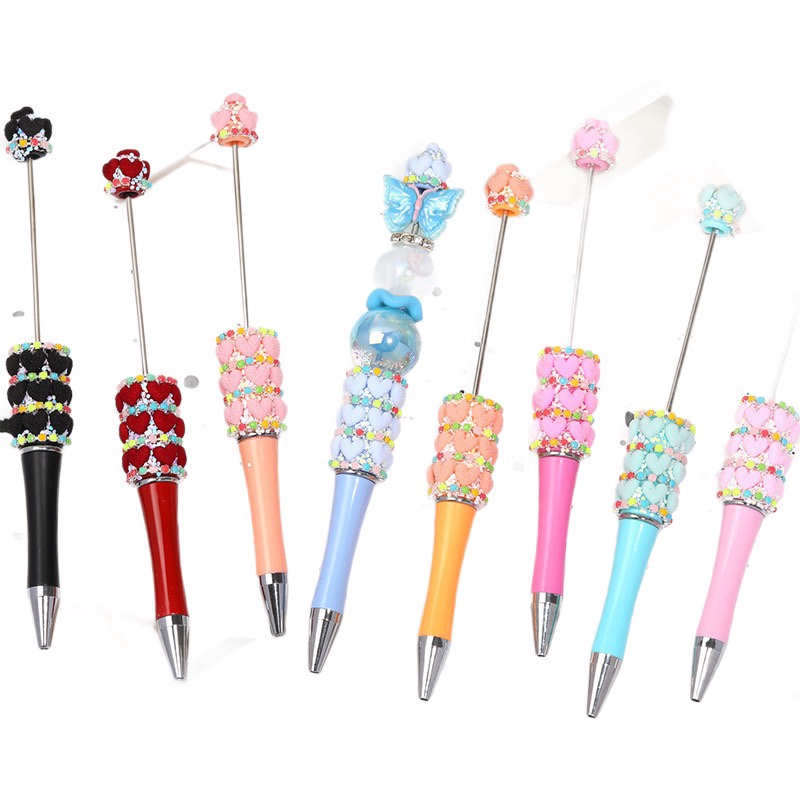 Handmade Red Heart Beaded Ballpoint Pen, Cute Bling Decorative Kawaii Stationery Pen for Girls