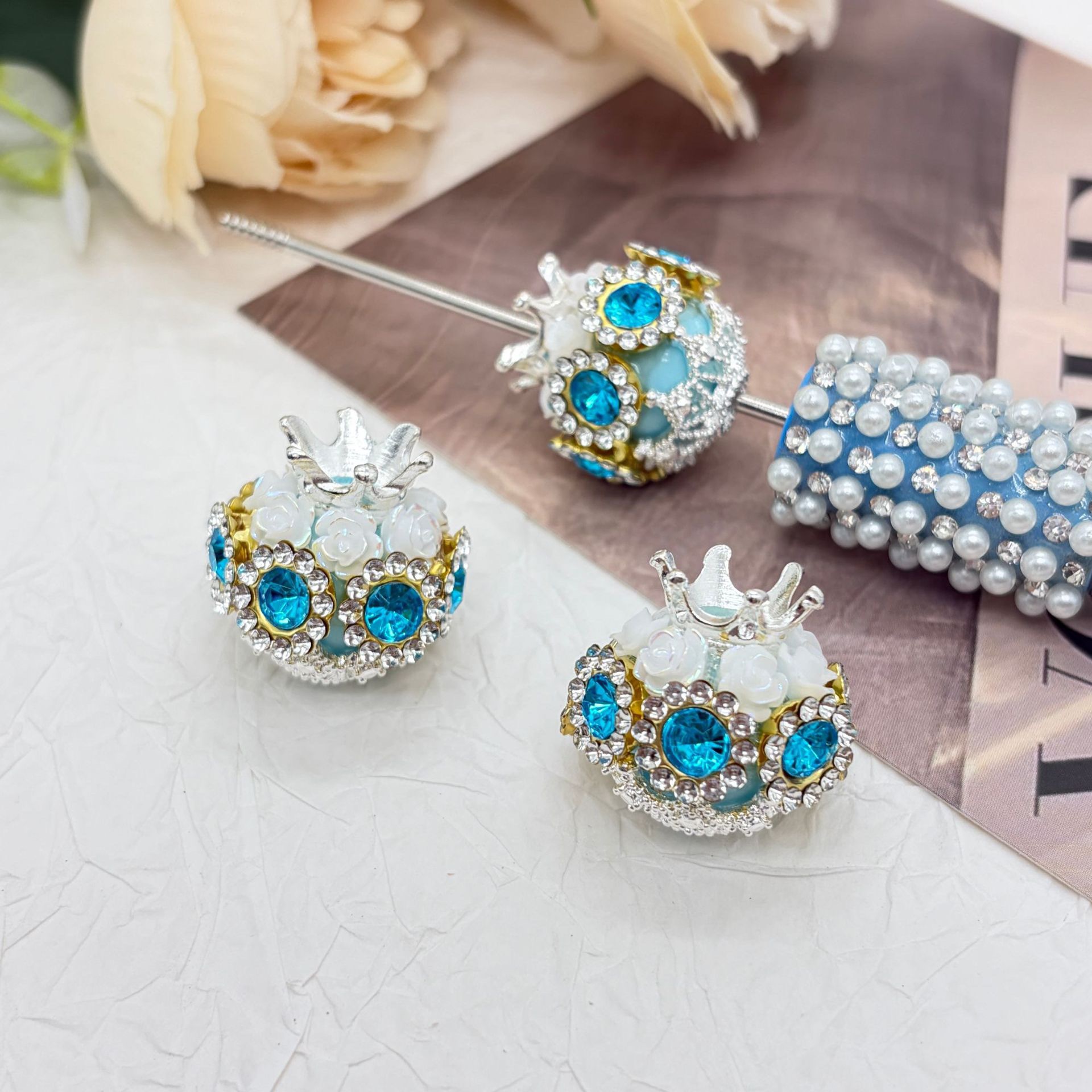 Crown Blue Rhinestone Rose Spacer Beads, Luxury Craft Beads for DIY Pen Making & Jewelry Accessories
