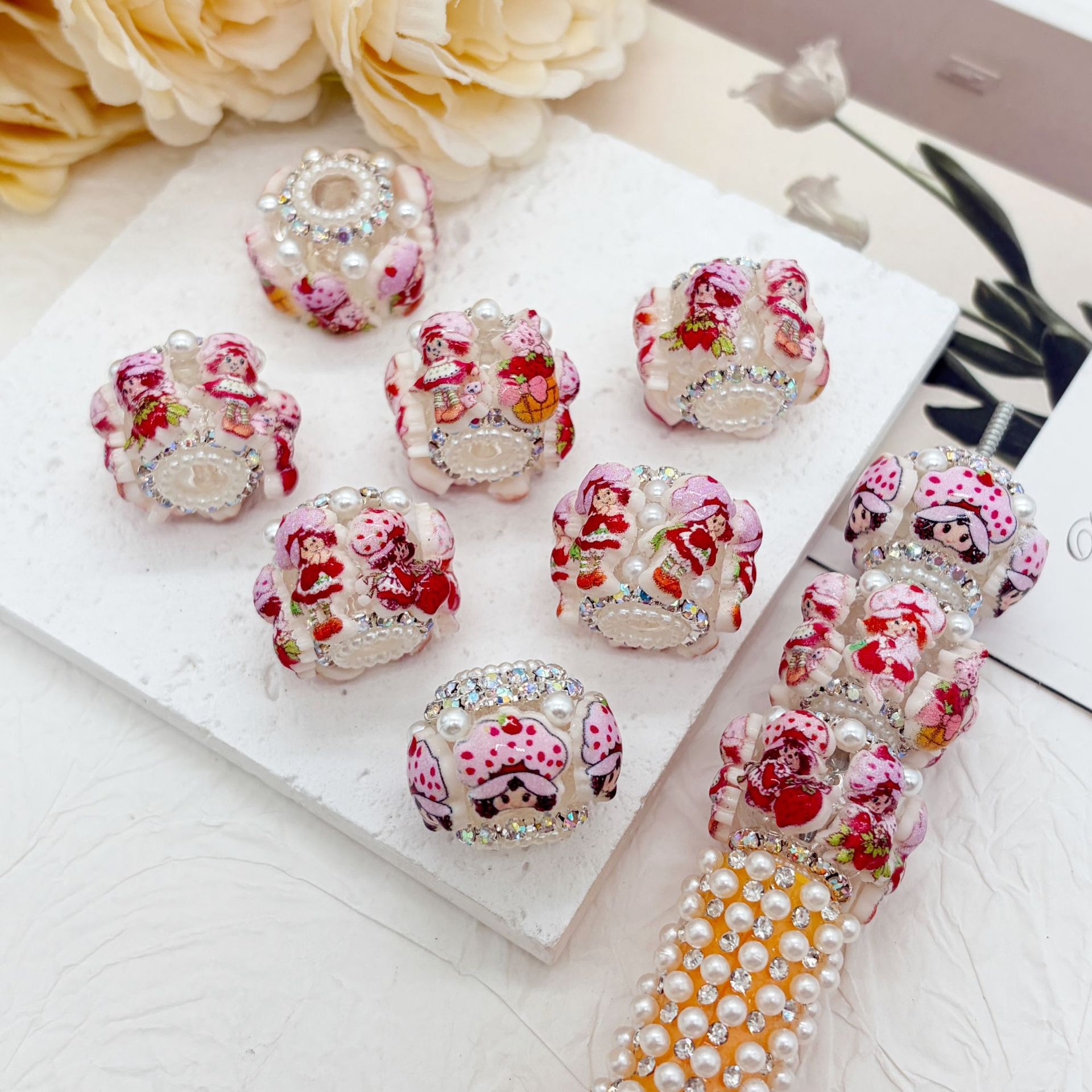 Strawberry Girl Printed Spacer Beads, Pearl Rhinestone Craft Beads for DIY Pen Making & Jewelry Accessories

