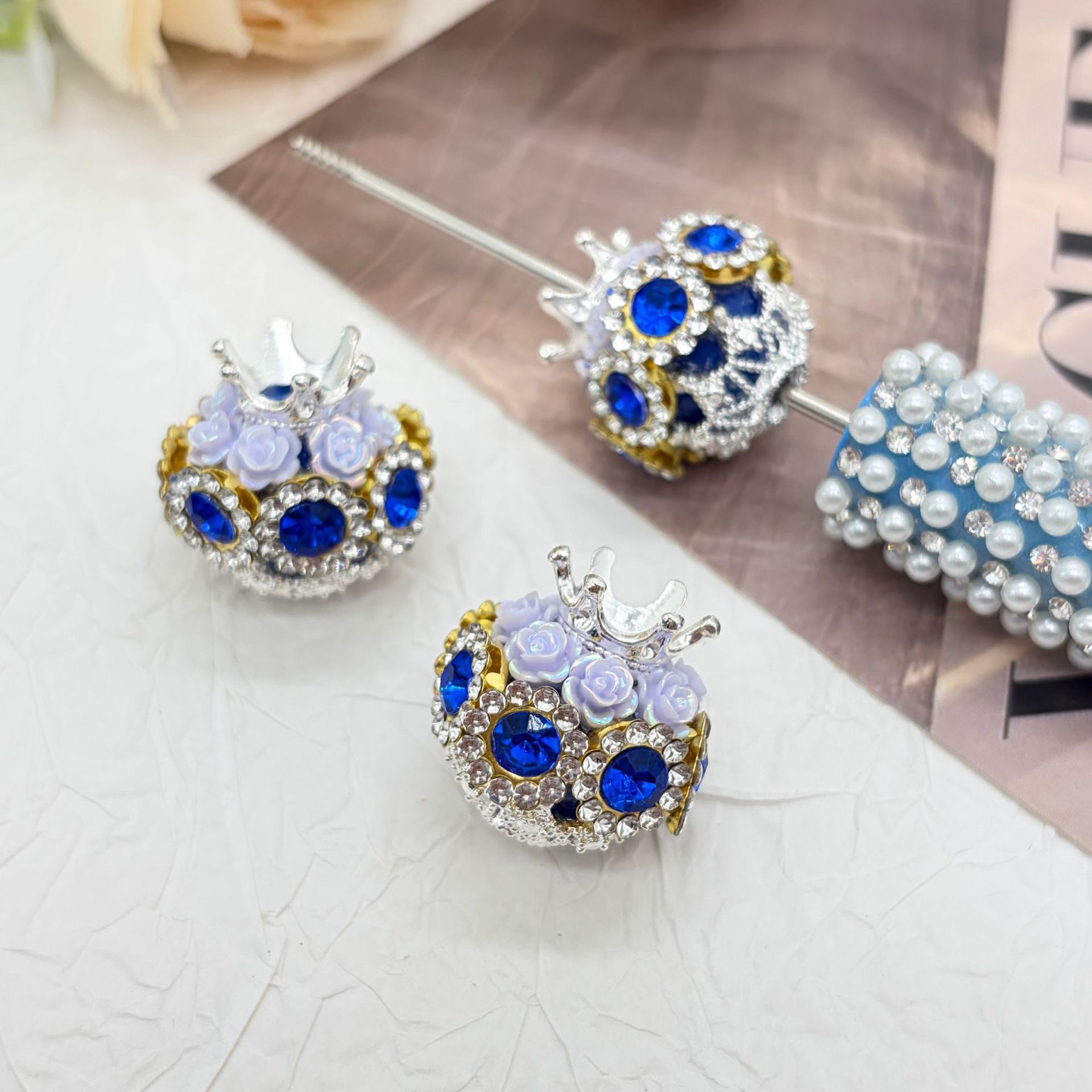 Crown Blue Rhinestone Rose Spacer Beads, Luxury Craft Beads for DIY Pen Making & Jewelry Accessories
