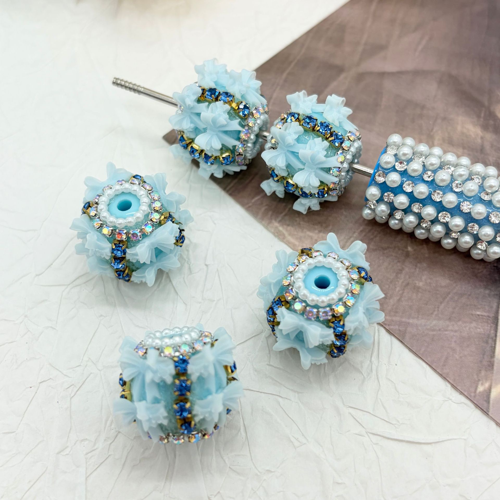 3D Bow Rhinestone Barrel Spacer Beads, Pearl Trim Craft Beads for DIY Pen Making & Jewelry Accessories

