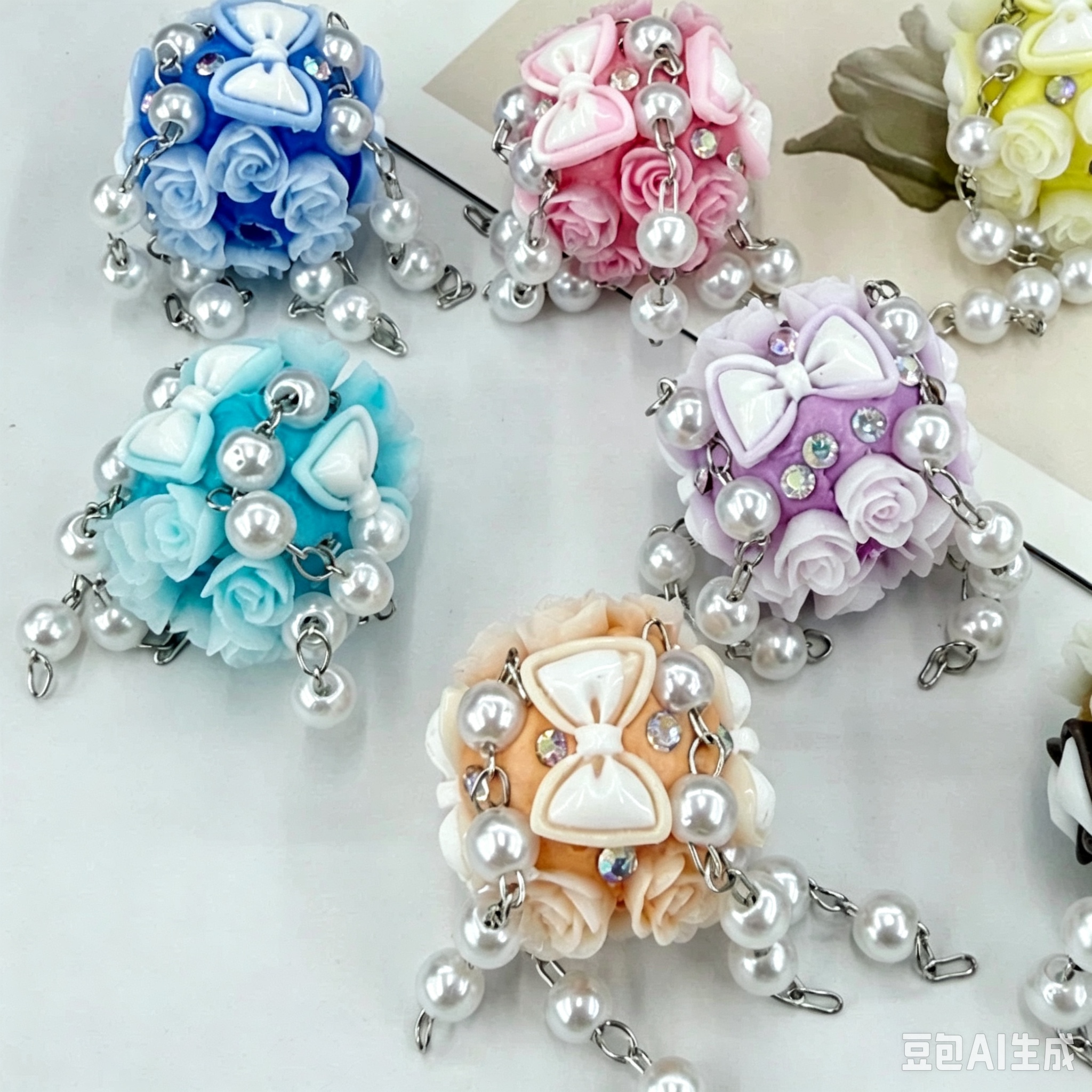 Rose Bow Pearl Tassel Spacer Beads, Floral Dangling Craft Beads for DIY Pen Making & Jewelry Accessories
