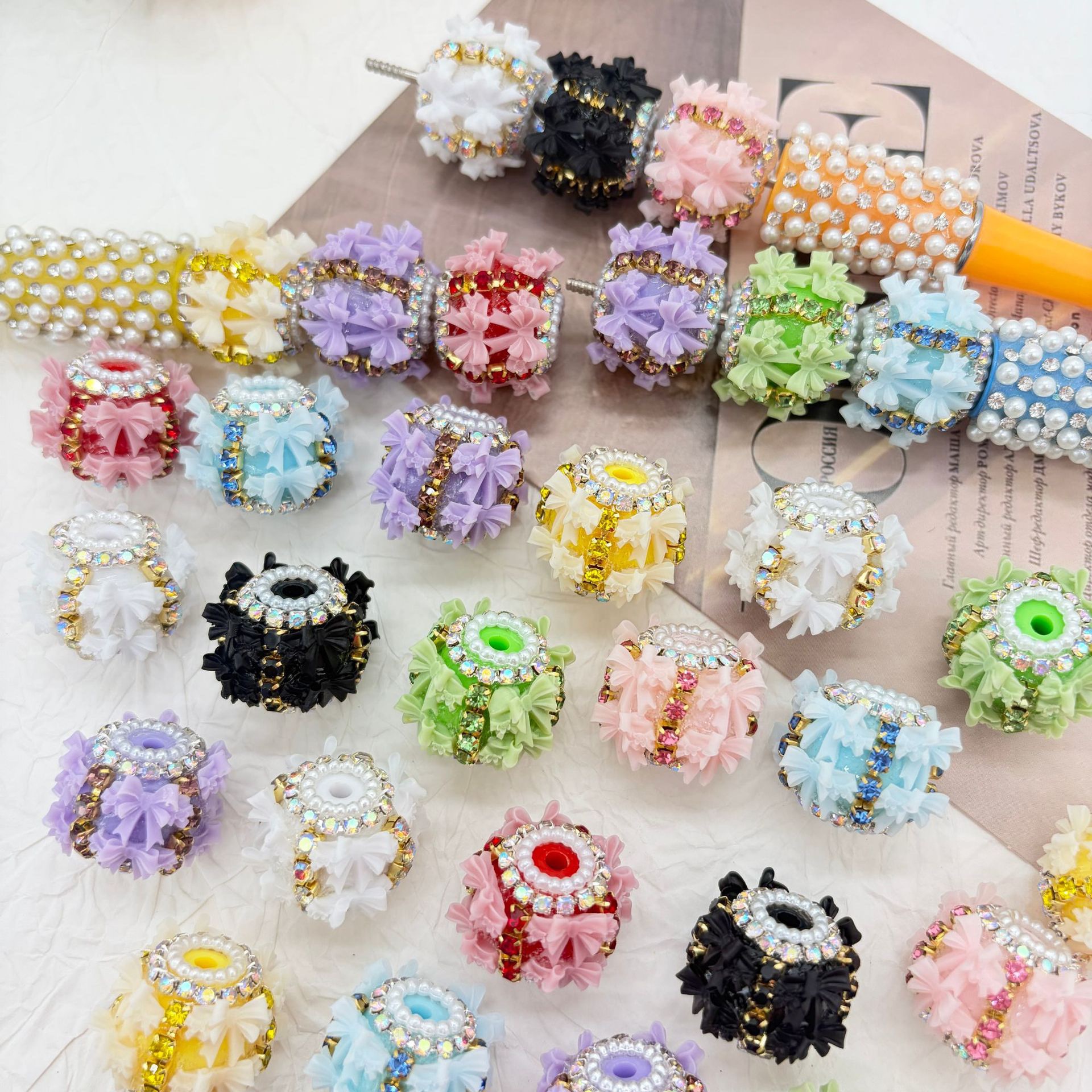 3D Bow Rhinestone Barrel Spacer Beads, Pearl Trim Craft Beads for DIY Pen Making & Jewelry Accessories
