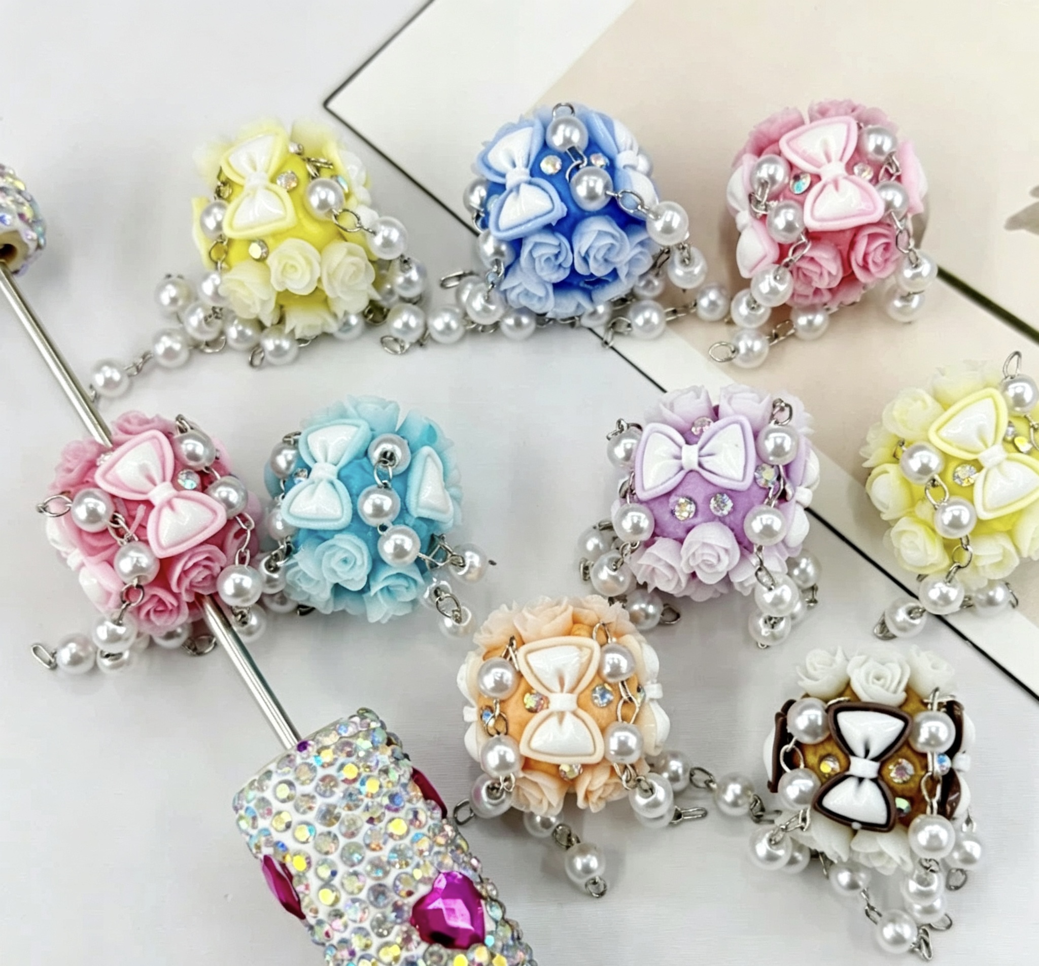 Rose Bow Pearl Tassel Spacer Beads, Floral Dangling Craft Beads for DIY Pen Making & Jewelry Accessories
